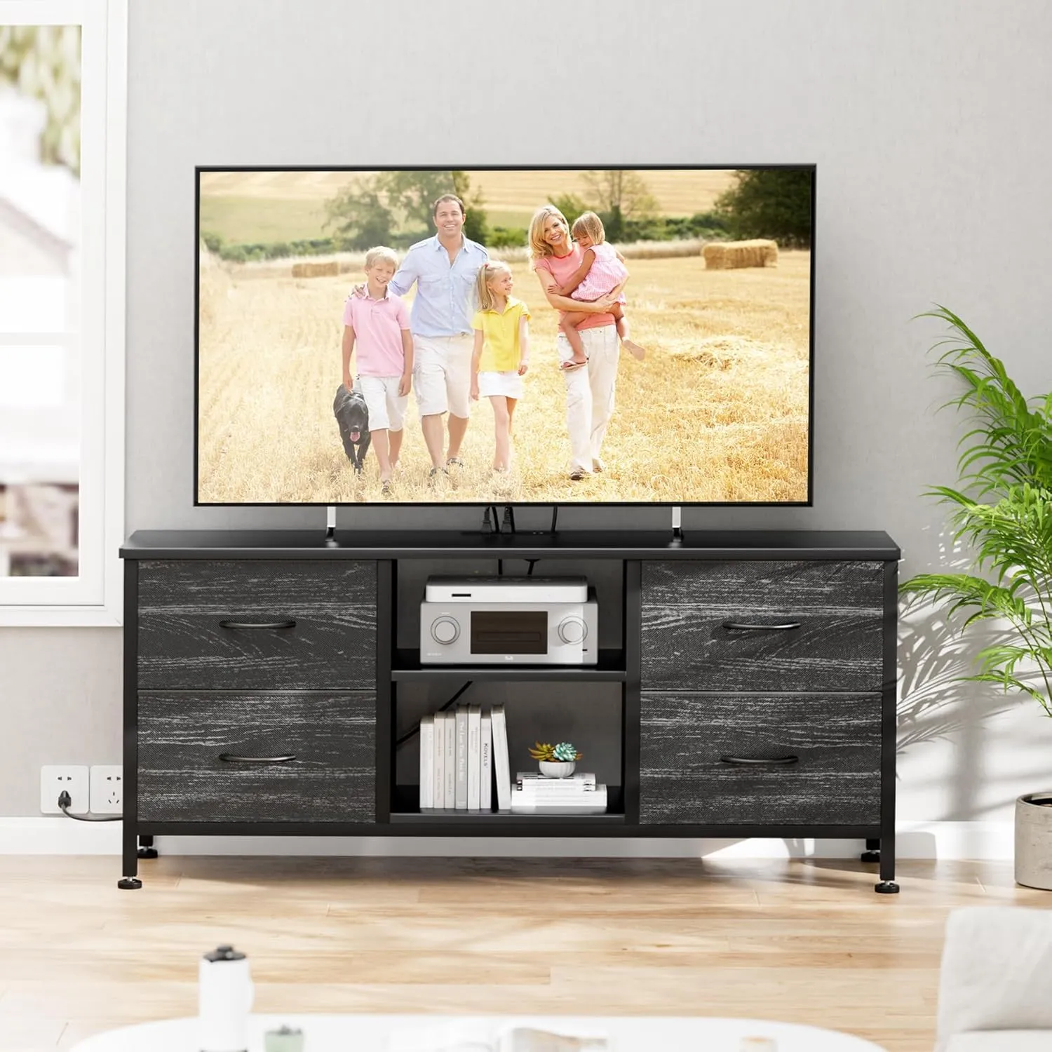 TV Stand for Bedroom, Dresser TV Stand with 4 Fabric Drawers & Open Shelves for 50" TV, Entertainment Center with Power Outlet, Dresser for Bedroom, Living Room, Entryway, Black Wood Veins