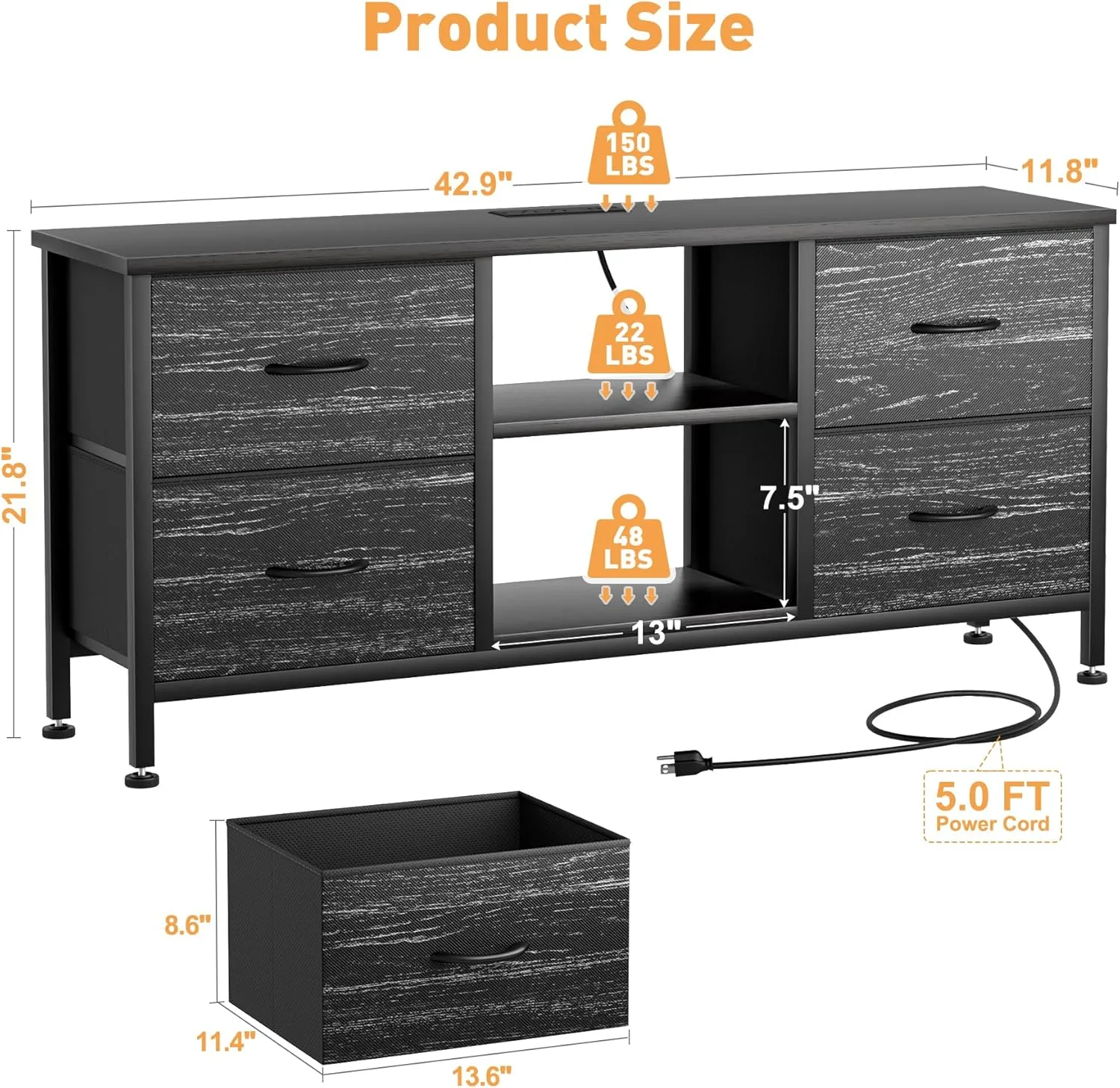 TV Stand for Bedroom, Dresser TV Stand with 4 Fabric Drawers & Open Shelves for 50" TV, Entertainment Center with Power Outlet, Dresser for Bedroom, Living Room, Entryway, Black Wood Veins