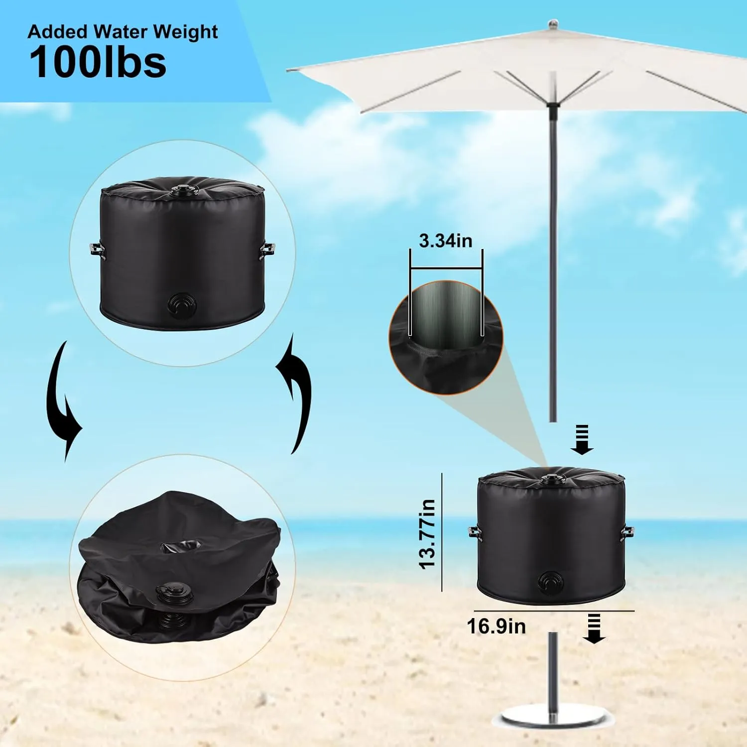 Up to 100Lb Patio Umbrella Base Weight Bag - Leak-Proof Water Weight Bag for Outdoor Umbrella Stands, Portable & Foldable for Market Umbrella, Cantilever & Offset Bases (Spun Polyester, Black)