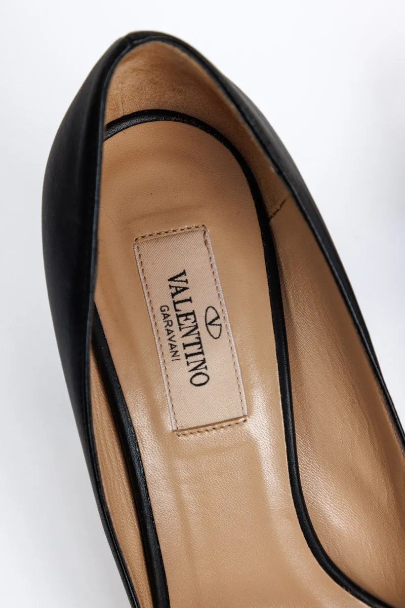 VALENTINO GARAVANI Black Leather Half Bow Block Heel Pumps