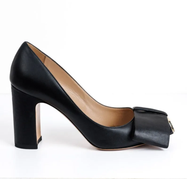 VALENTINO GARAVANI Black Leather Half Bow Block Heel Pumps
