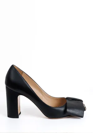 VALENTINO GARAVANI Black Leather Half Bow Block Heel Pumps