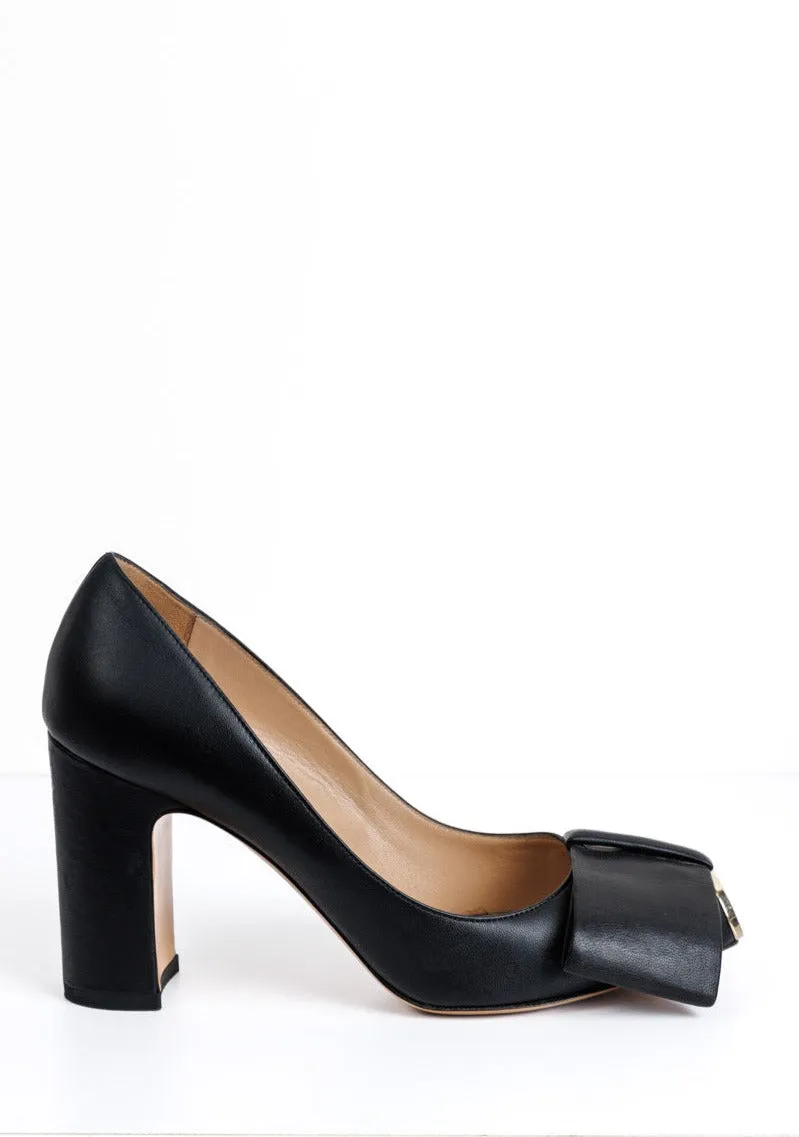 VALENTINO GARAVANI Black Leather Half Bow Block Heel Pumps