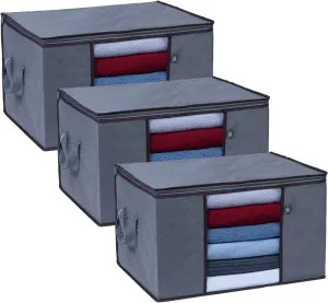 VENO 3 Pack Extra Large Clothes Storage Bag Organizer with Reinforced Handle Thick Fabric for Comforters, Blankets, Bedding, Foldable with Sturdy Zipper, Clear Window, Grey, Reusable (24 Gallon)