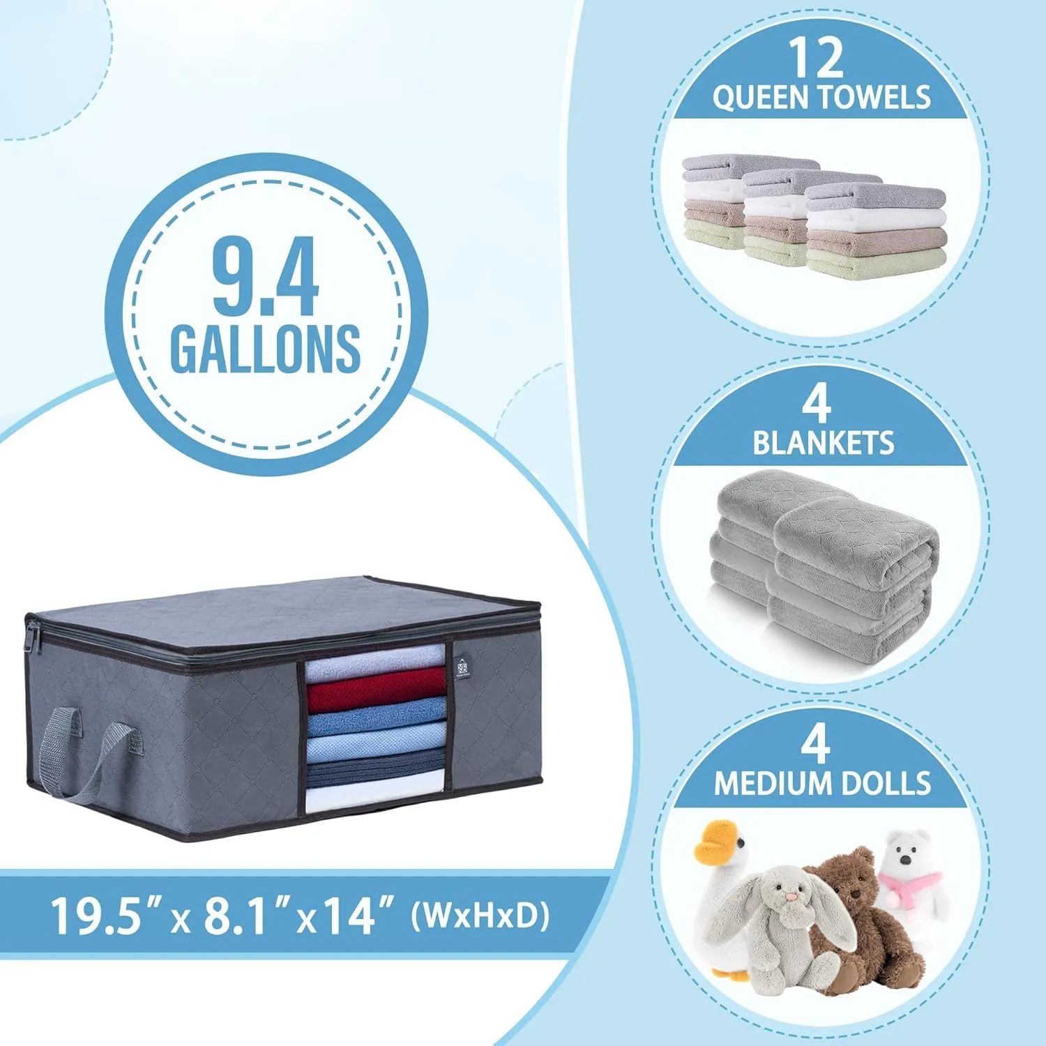VENO 3 Pack Medium Clothes Storage Bag Organizer with Reinforced Handle Thick Fabric for Comforters, Blankets, Bedding, Foldable with Sturdy Zipper, Clear Window, Grey, Reusable (9.5 Gallon)