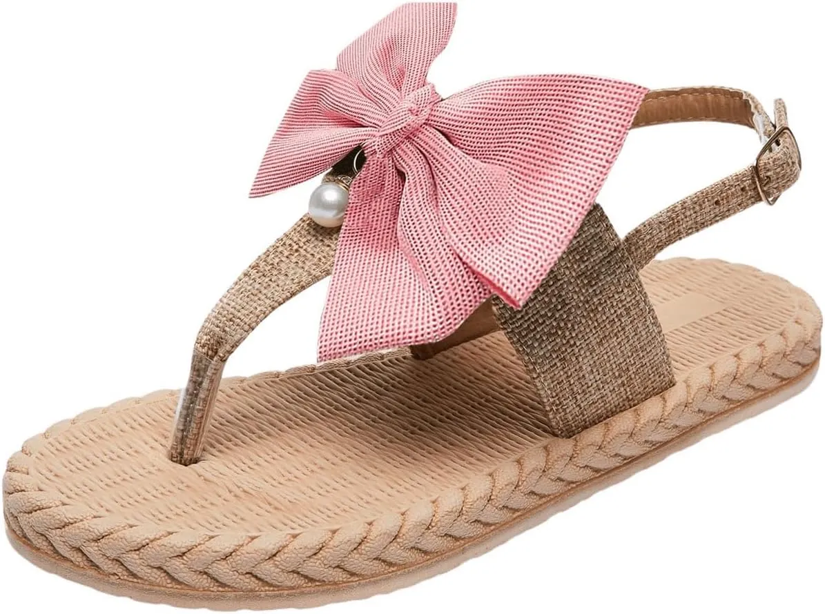 Verdusa Women's Bow Pearl Slingback Flip Flop Summer Thong Flat Sandals