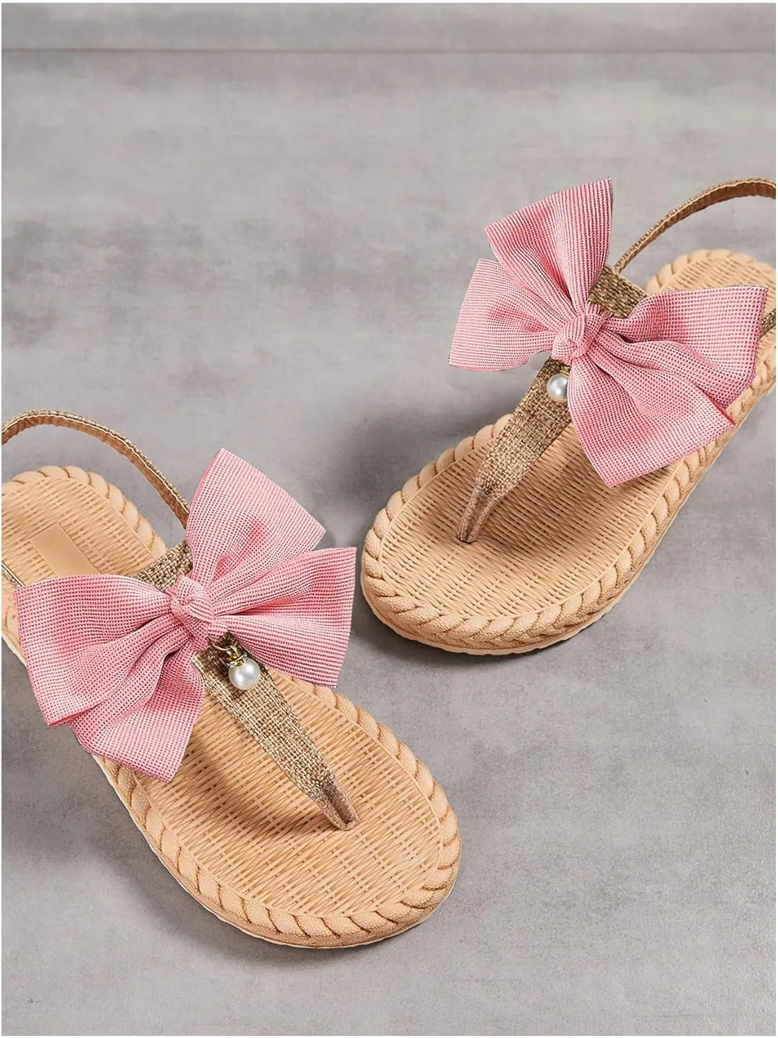 Verdusa Women's Bow Pearl Slingback Flip Flop Summer Thong Flat Sandals