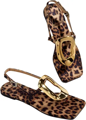 Verdusa Women's Leopard Print Square Toe Leather Sandals Ankle Strap Flip Flops