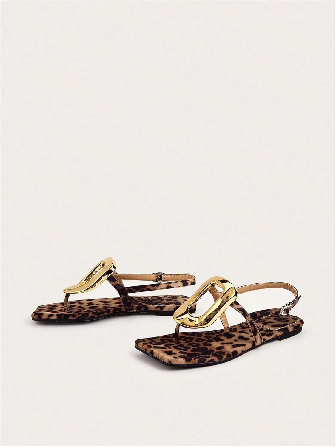Verdusa Women's Leopard Print Square Toe Leather Sandals Ankle Strap Flip Flops