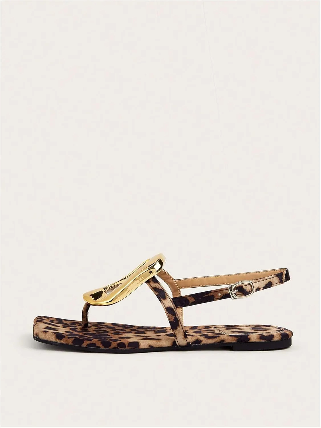 Verdusa Women's Leopard Print Square Toe Leather Sandals Ankle Strap Flip Flops