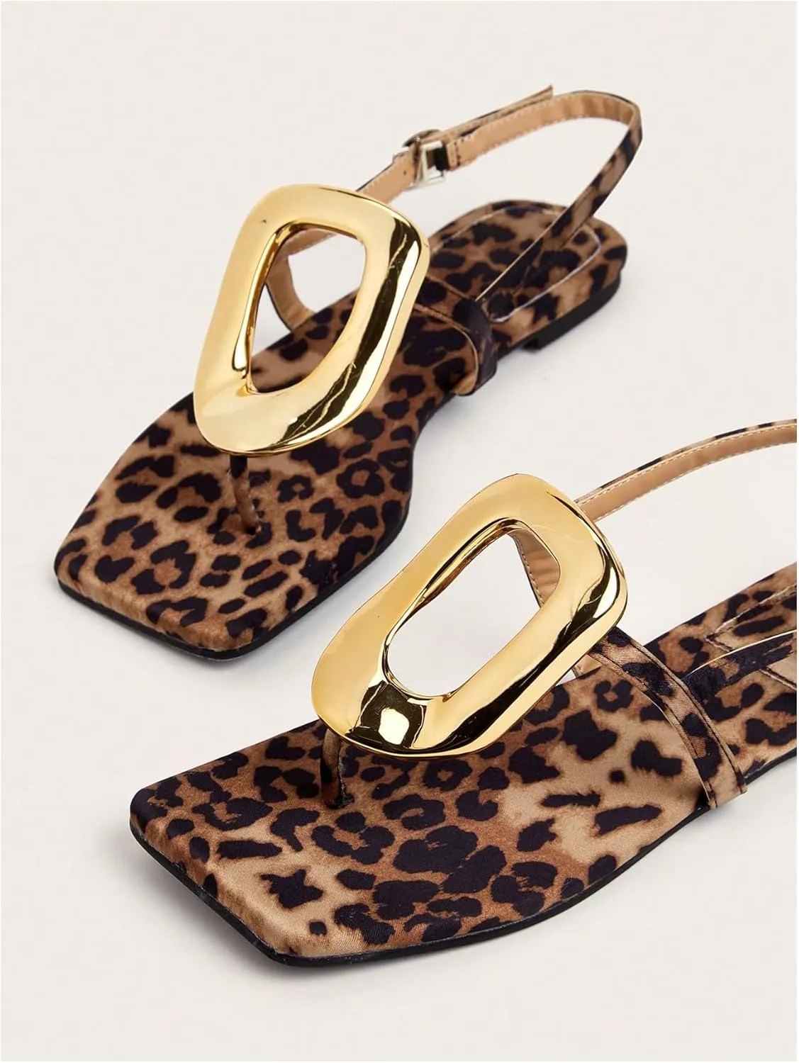 Verdusa Women's Leopard Print Square Toe Leather Sandals Ankle Strap Flip Flops