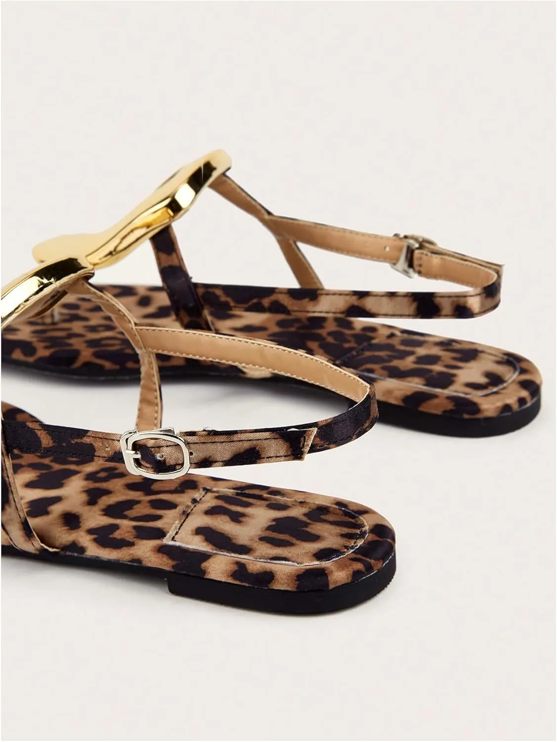 Verdusa Women's Leopard Print Square Toe Leather Sandals Ankle Strap Flip Flops