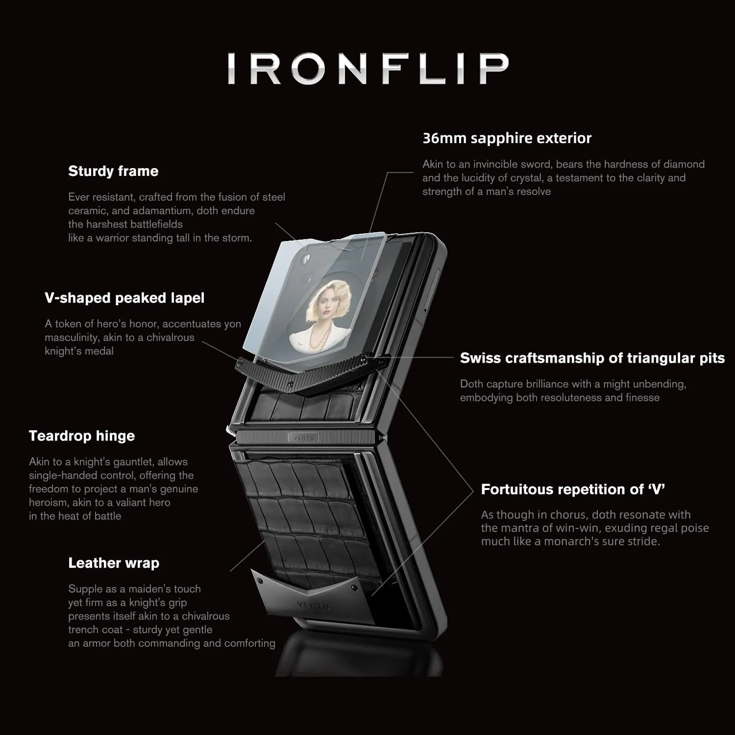 VERTU IRONFLIP Alligator Skin Flip Cell Phone, Unlocked Android 5G Smartphone, Foldable Design, One-Hand Control, 50MP Camera, 12G 512G, Dual SIM, 6.9" 120Hz OLED, 65W Fast Charge (Basalt Black)