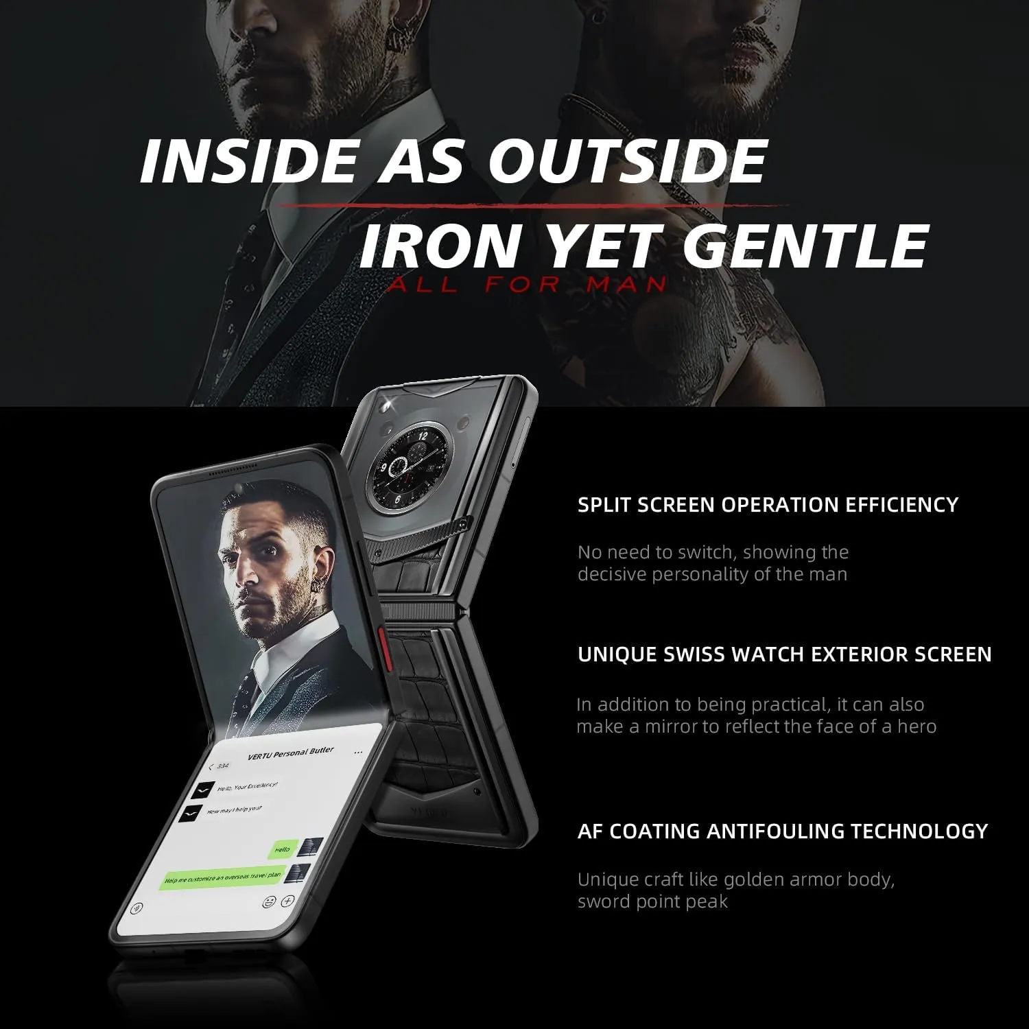 VERTU IRONFLIP Alligator Skin Flip Cell Phone, Unlocked Android 5G Smartphone, Foldable Design, One-Hand Control, 50MP Camera, 12G 512G, Dual SIM, 6.9" 120Hz OLED, 65W Fast Charge (Basalt Black)