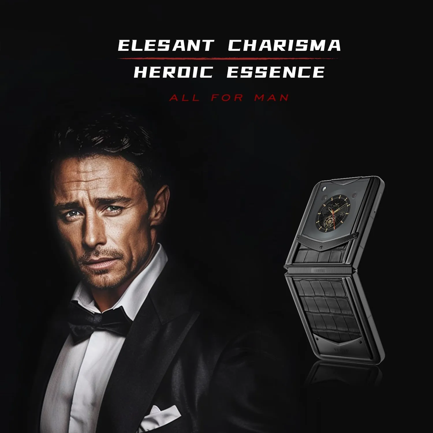 VERTU IRONFLIP Alligator Skin Flip Cell Phone, Unlocked Android 5G Smartphone, Foldable Design, One-Hand Control, 50MP Camera, 12G 512G, Dual SIM, 6.9" 120Hz OLED, 65W Fast Charge (Basalt Black)
