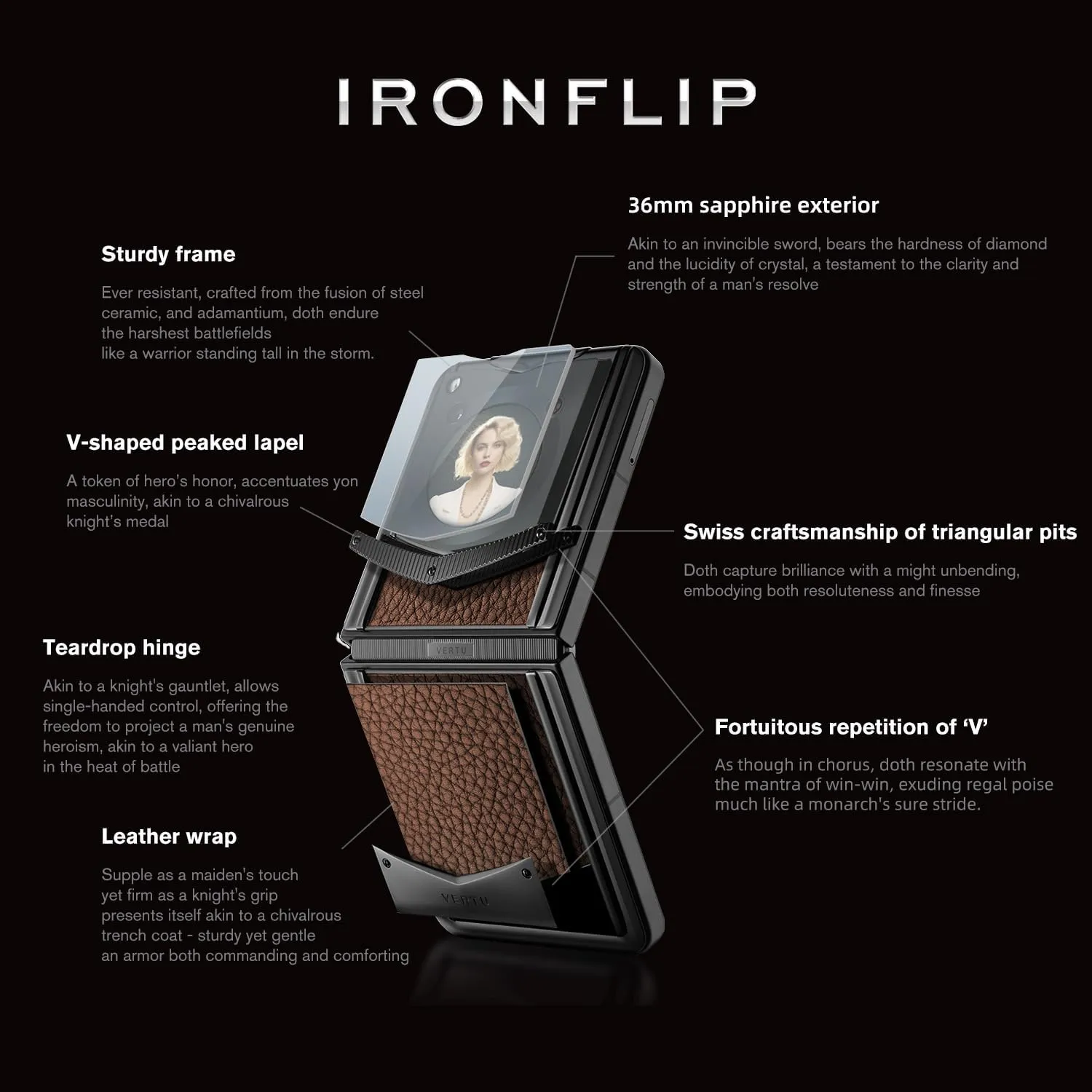 VERTU IRONFLIP Calf Skin Flip Cell Phone, Unlocked Android 5G Smartphone, Foldable Design, One-Hand Control, 50MP Camera, 12G 512G, Dual SIM, 6.9" 120Hz OLED, 65W Fast Charge (Caramel Brown)