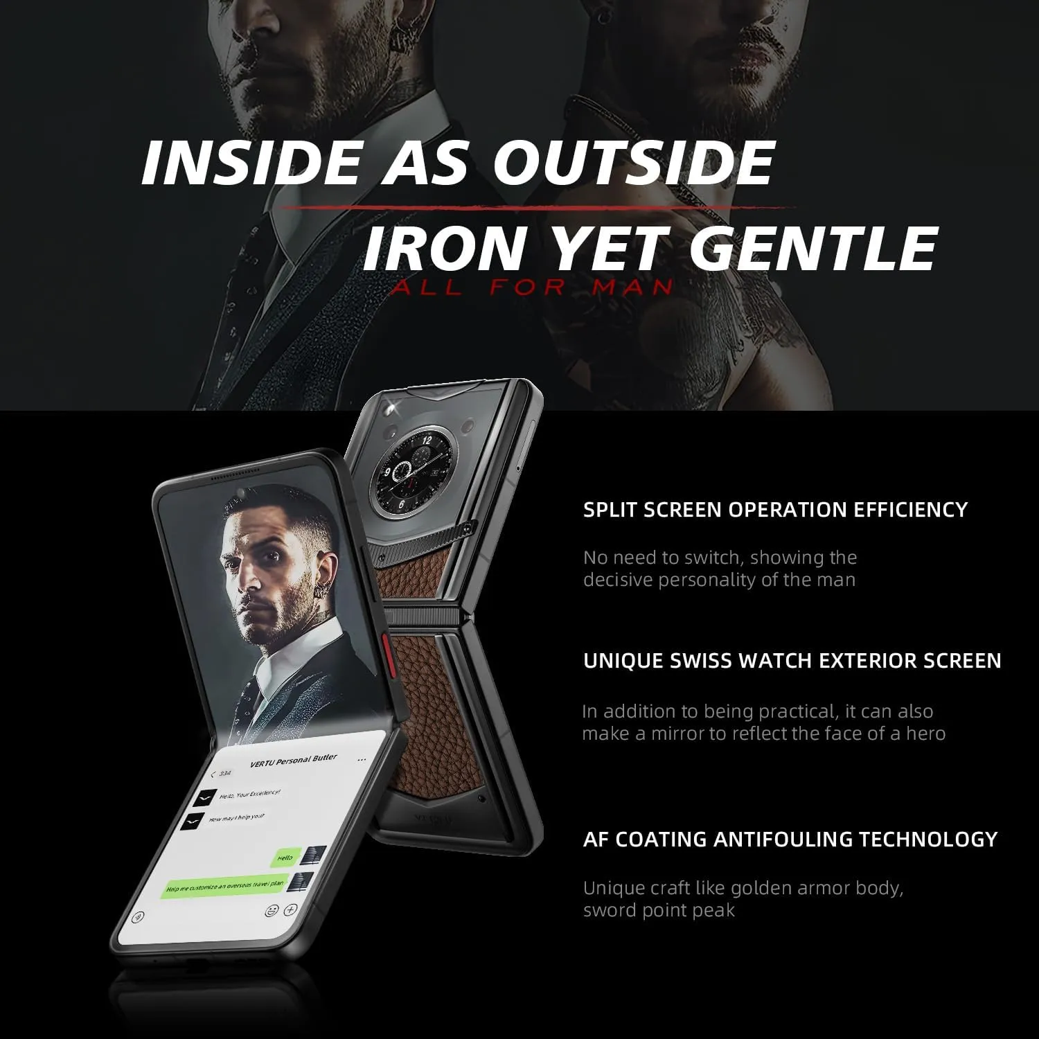 VERTU IRONFLIP Calf Skin Flip Cell Phone, Unlocked Android 5G Smartphone, Foldable Design, One-Hand Control, 50MP Camera, 12G 512G, Dual SIM, 6.9" 120Hz OLED, 65W Fast Charge (Caramel Brown)