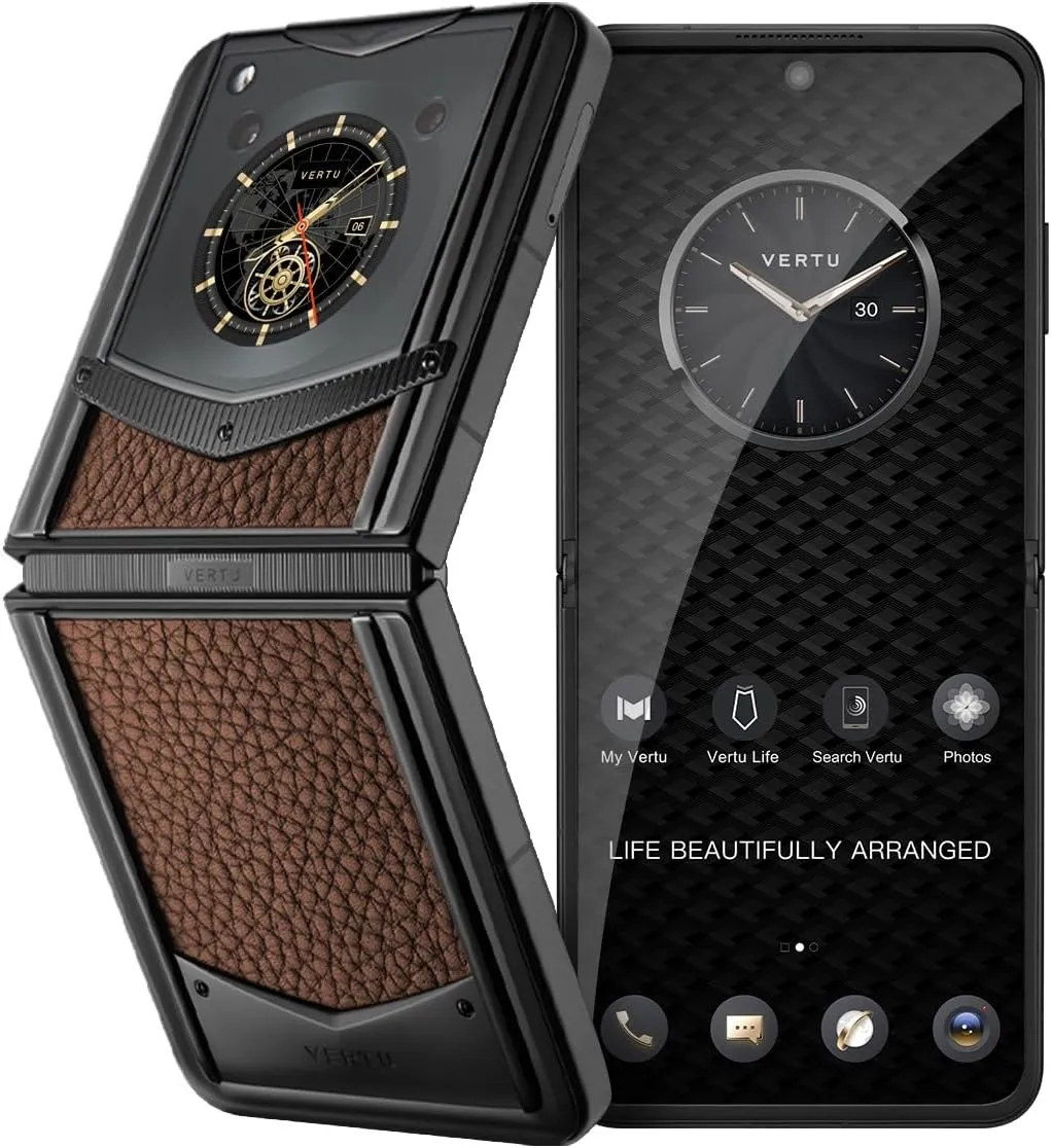 VERTU IRONFLIP Calf Skin Flip Cell Phone, Unlocked Android 5G Smartphone, Foldable Design, One-Hand Control, 50MP Camera, 12G 512G, Dual SIM, 6.9" 120Hz OLED, 65W Fast Charge (Caramel Brown)