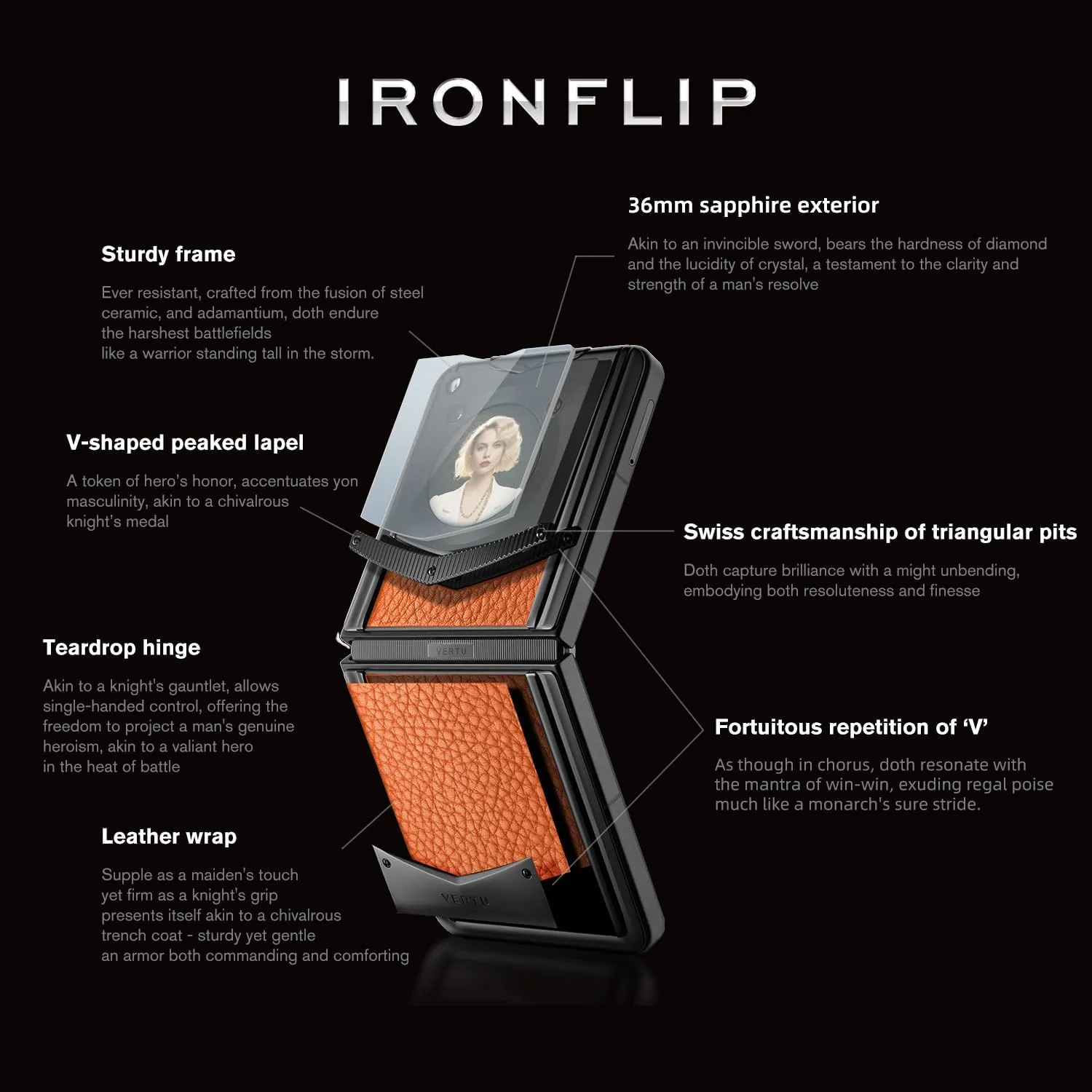 VERTU IRONFLIP Calf Skin Flip Cell Phone, Unlocked Android 5G Smartphone, Foldable Design, One-Hand Control, 50MP Camera, 12G 512G, Dual SIM, 6.9" 120Hz OLED, 65W Fast Charge (Dawning Orange)