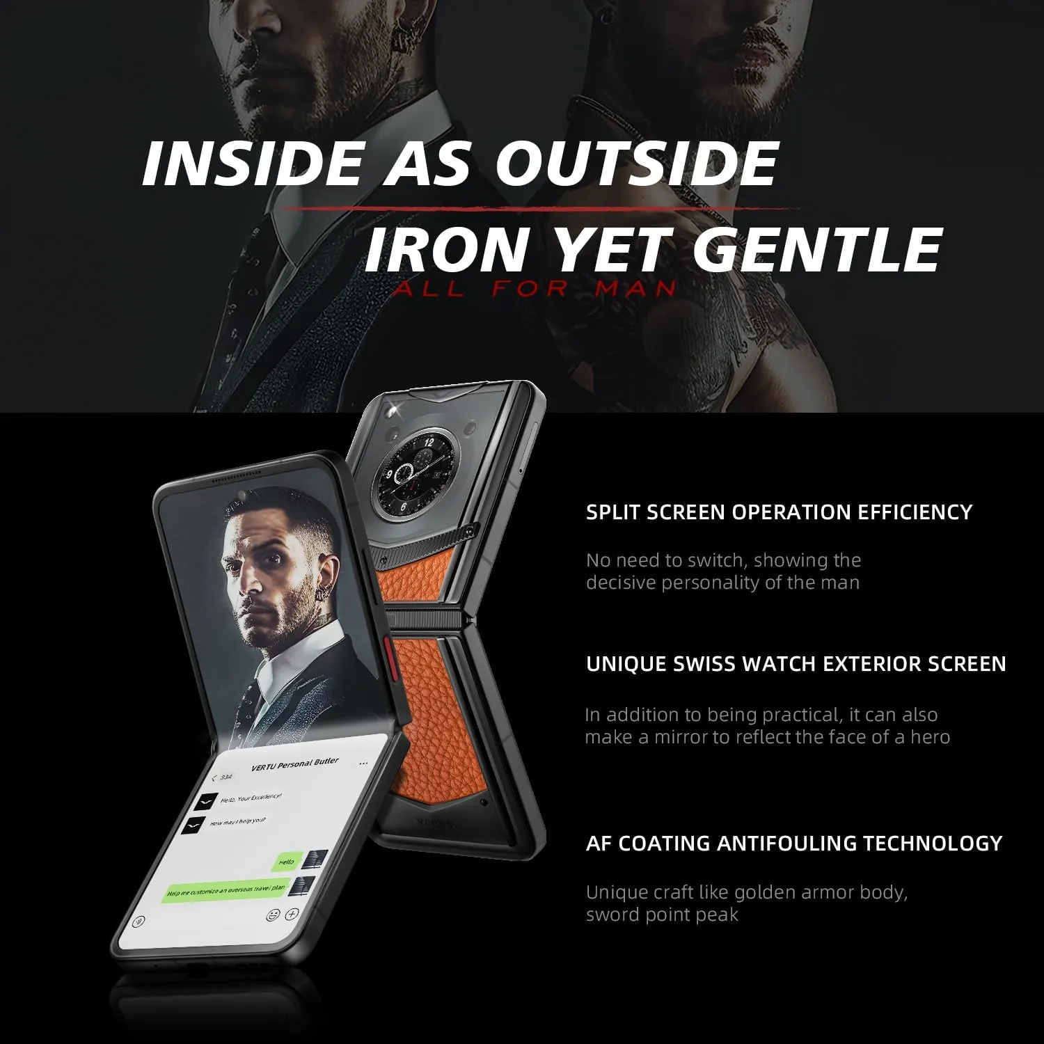 VERTU IRONFLIP Calf Skin Flip Cell Phone, Unlocked Android 5G Smartphone, Foldable Design, One-Hand Control, 50MP Camera, 12G 512G, Dual SIM, 6.9" 120Hz OLED, 65W Fast Charge (Dawning Orange)