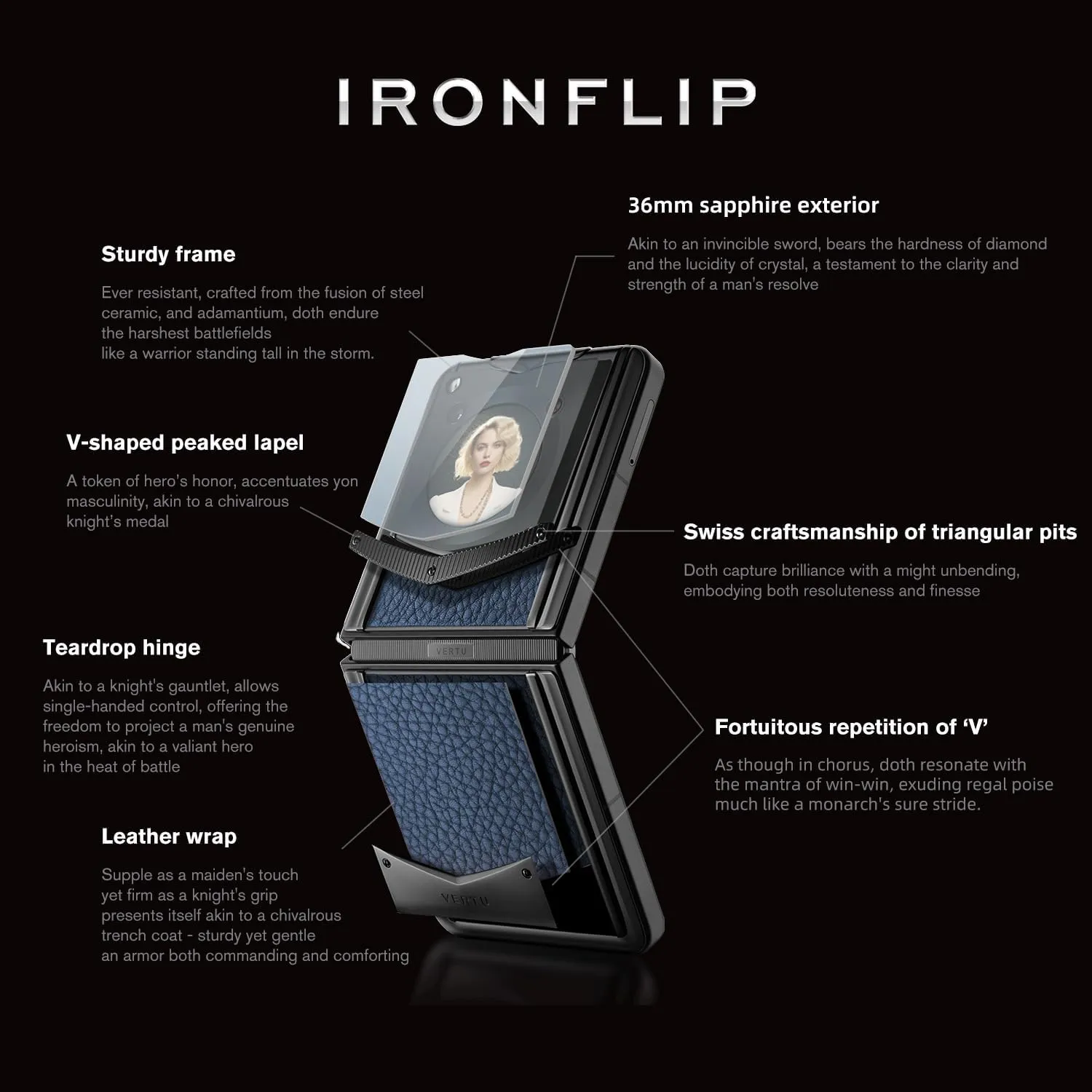 VERTU IRONFLIP Calf Skin Flip Cell Phone, Unlocked Android 5G Smartphone, Foldable Design, One-Hand Control, 50MP Camera, 12G 512G, Dual SIM, 6.9" 120Hz OLED, 65W Fast Charge (Gentleman Blue)
