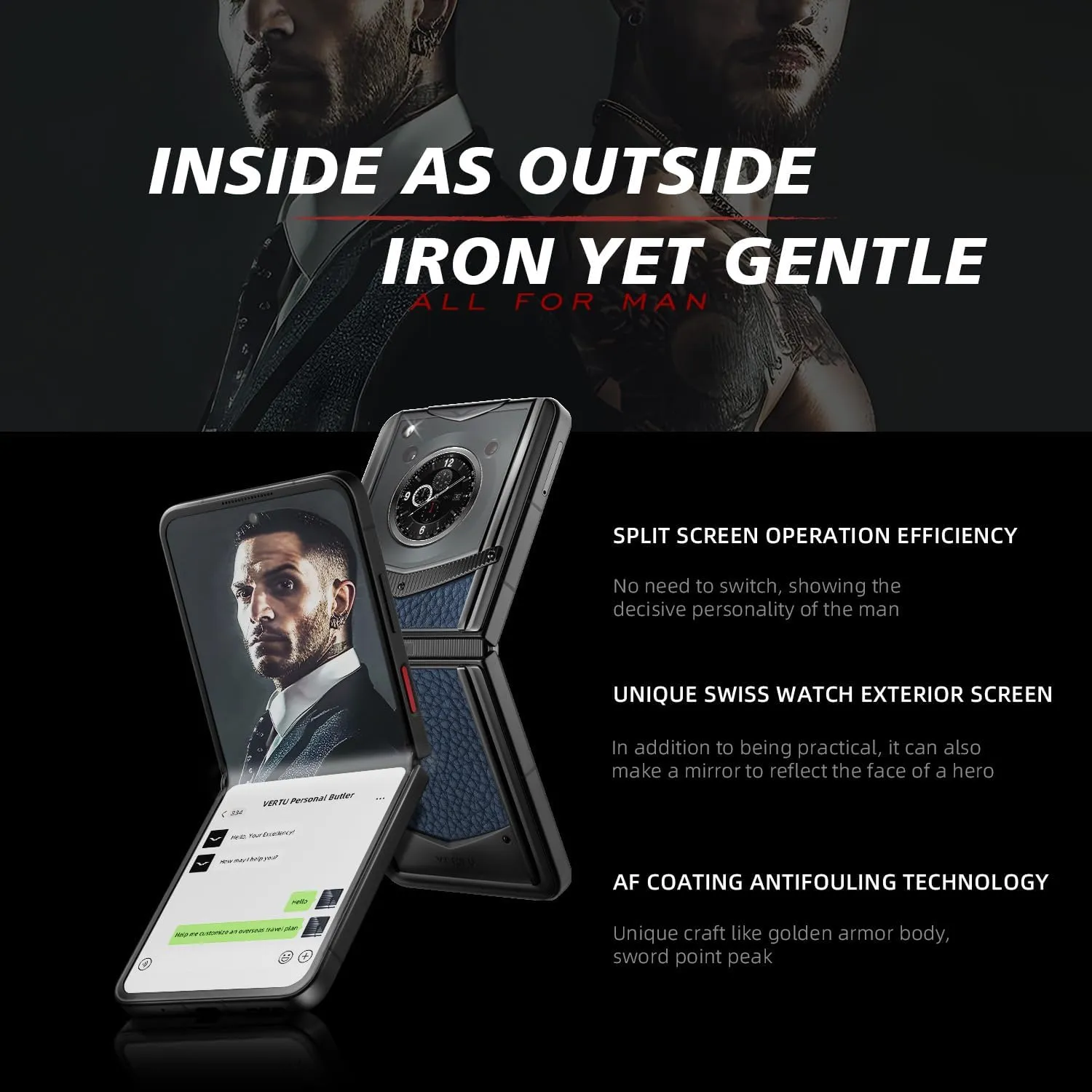VERTU IRONFLIP Calf Skin Flip Cell Phone, Unlocked Android 5G Smartphone, Foldable Design, One-Hand Control, 50MP Camera, 12G 512G, Dual SIM, 6.9" 120Hz OLED, 65W Fast Charge (Gentleman Blue)