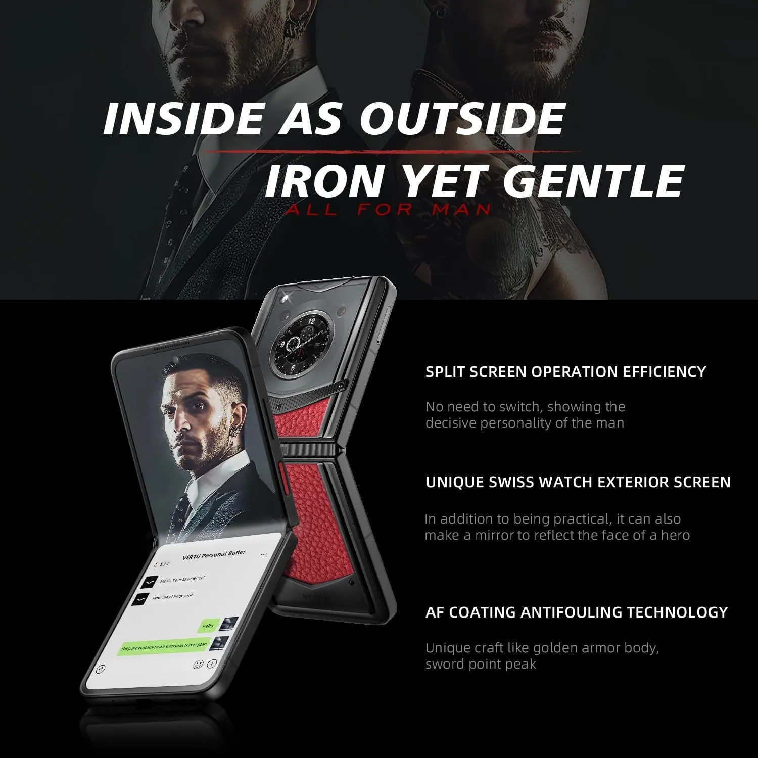 VERTU IRONFLIP Calf Skin Flip Cell Phone, Unlocked Android 5G Smartphone, Foldable Design, One-Hand Control, 50MP Camera, 12G 512G, Dual SIM, 6.9" 120Hz OLED, 65W Fast Charge (Raspberry Red)