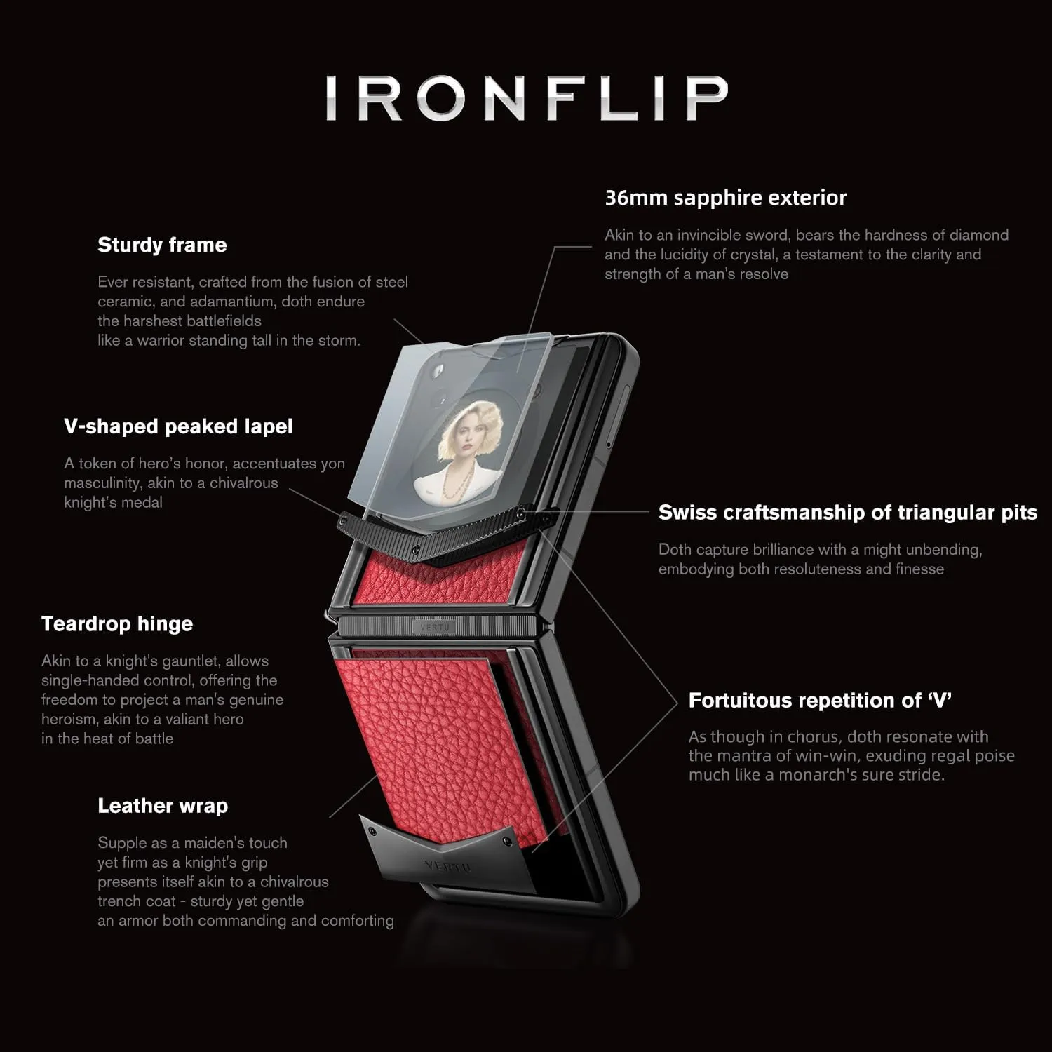 VERTU IRONFLIP Calf Skin Flip Cell Phone, Unlocked Android 5G Smartphone, Foldable Design, One-Hand Control, 50MP Camera, 12G 512G, Dual SIM, 6.9" 120Hz OLED, 65W Fast Charge (Raspberry Red)