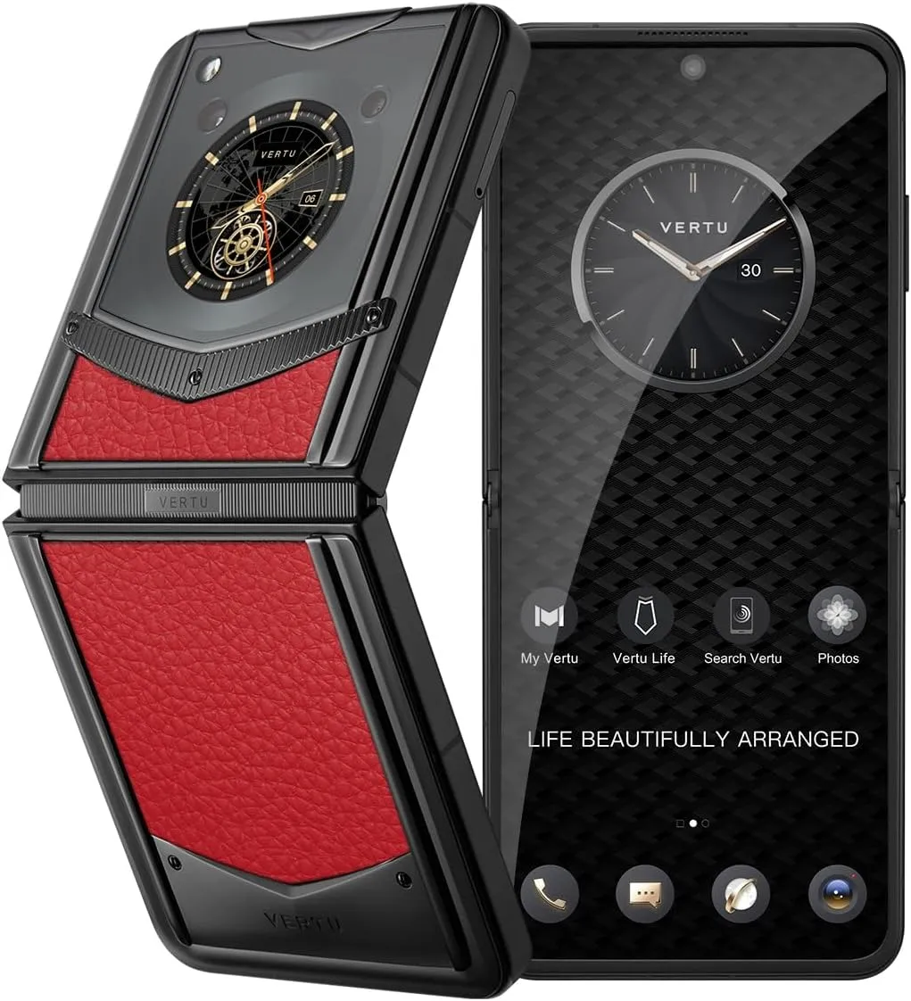 VERTU IRONFLIP Calf Skin Flip Cell Phone, Unlocked Android 5G Smartphone, Foldable Design, One-Hand Control, 50MP Camera, 12G 512G, Dual SIM, 6.9" 120Hz OLED, 65W Fast Charge (Raspberry Red)