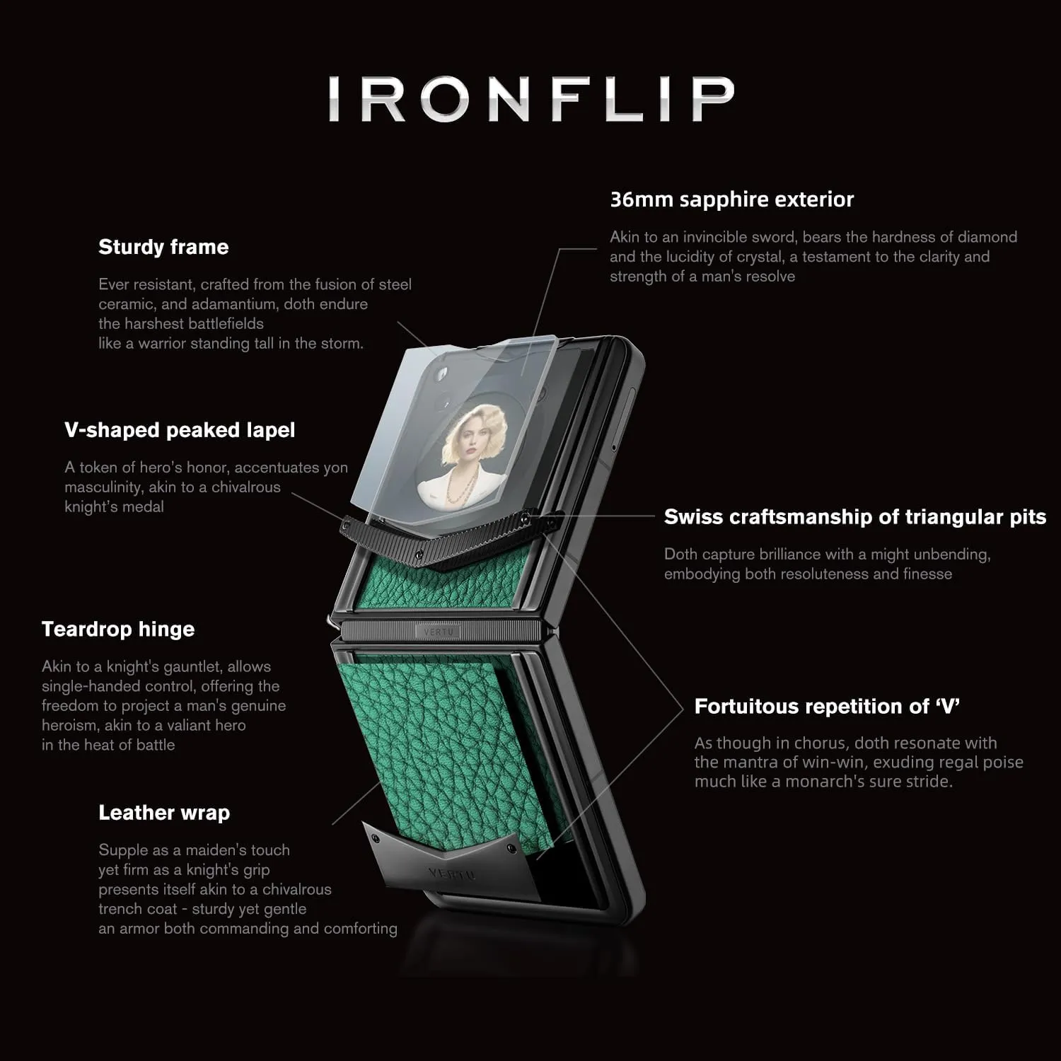 VERTU IRONFLIP Calf Skin Flip Cell Phone, Unlocked Android 5G Smartphone, Foldable Design, One-Hand Control, 50MP Camera, 12G 512G, Dual SIM, 6.9" 120Hz OLED, 65W Fast Charge (Verona Green)