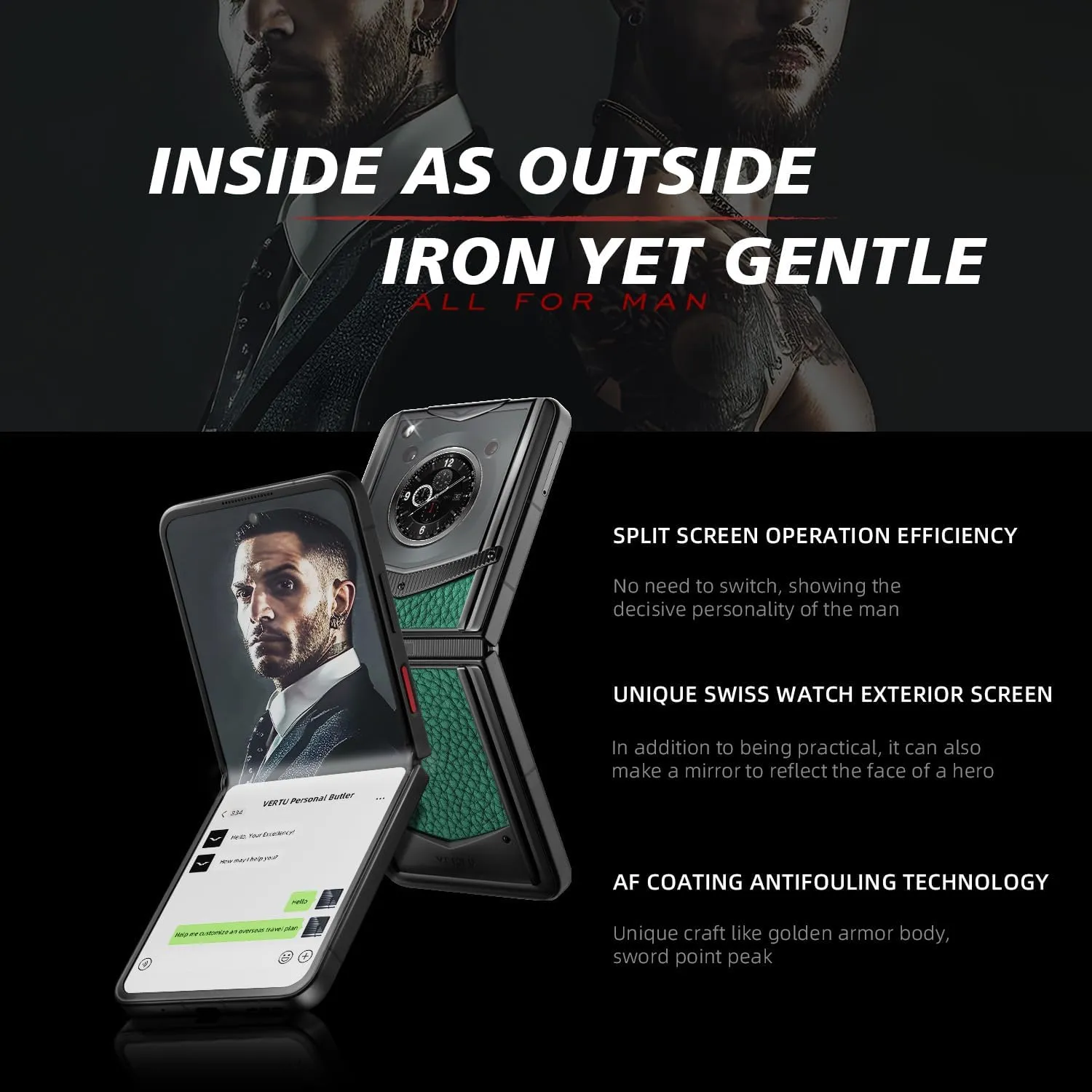 VERTU IRONFLIP Calf Skin Flip Cell Phone, Unlocked Android 5G Smartphone, Foldable Design, One-Hand Control, 50MP Camera, 12G 512G, Dual SIM, 6.9" 120Hz OLED, 65W Fast Charge (Verona Green)