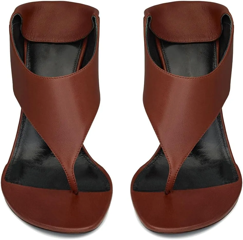 Vertundy Women's Leather High Heeled Sandals Open Round Toe T-bar Strap Stiletto Heels Slip On Fashion Comfortable Shoes