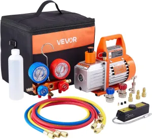 VEVOR 4 CFM AC Vacuum Pump and Gauge Set, 1/3 HP, Single Stage Rotary Vane HVAC Air Vacuum Pump, A/C Refrigerant Manifold Gauge Kit, with Leak Detector, Carry Bag, for R134a R22 R410a Refrigerants