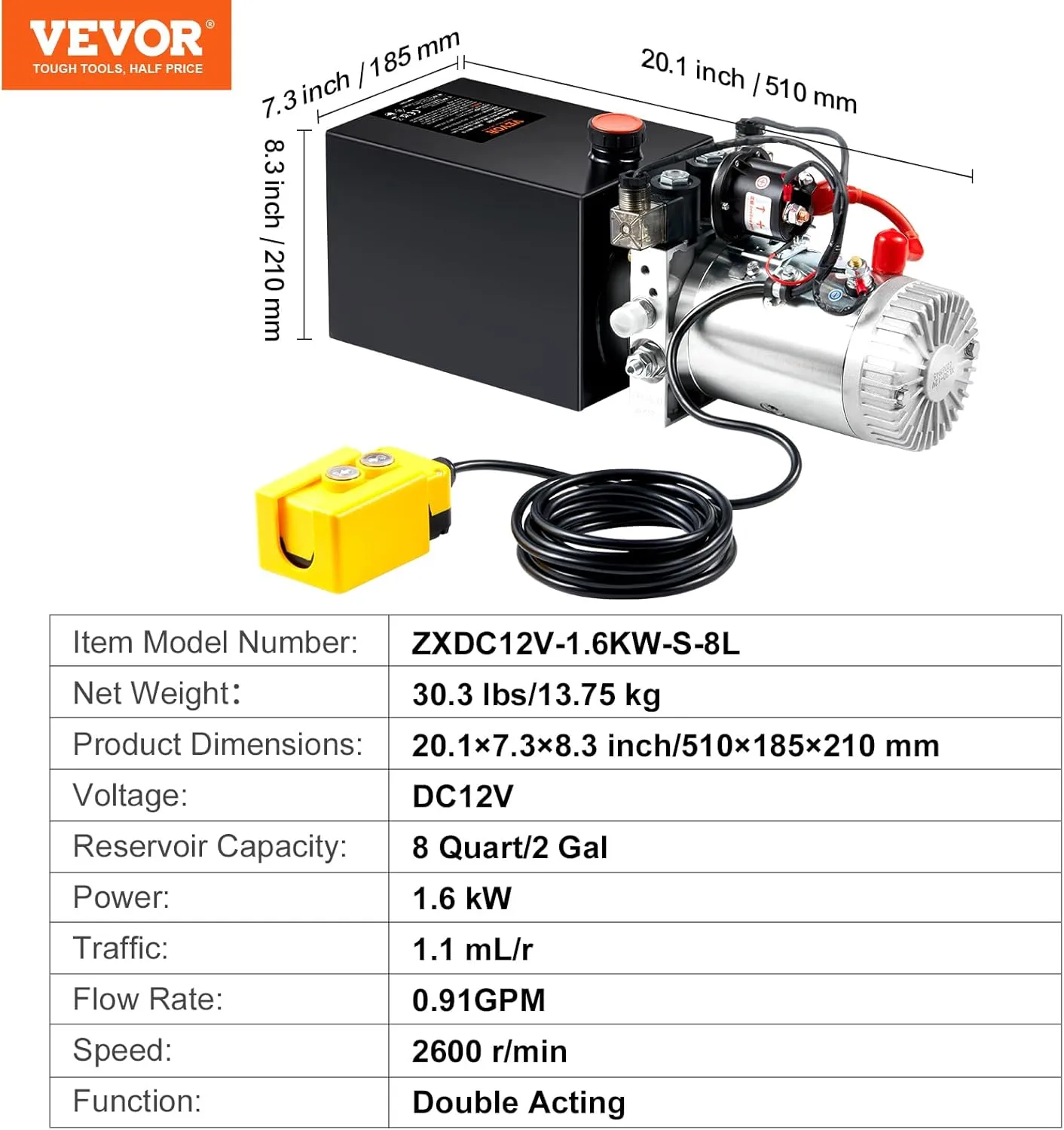 VEVOR 8 Quart Hydraulic Power Unit, Double Acting Dump Trailer Pump, 0.91 GPM Flow Rate, 3200 PSI Max Relief Pressure, DC 12V Hydraulic Pump for Dump Trailer Car Lifting