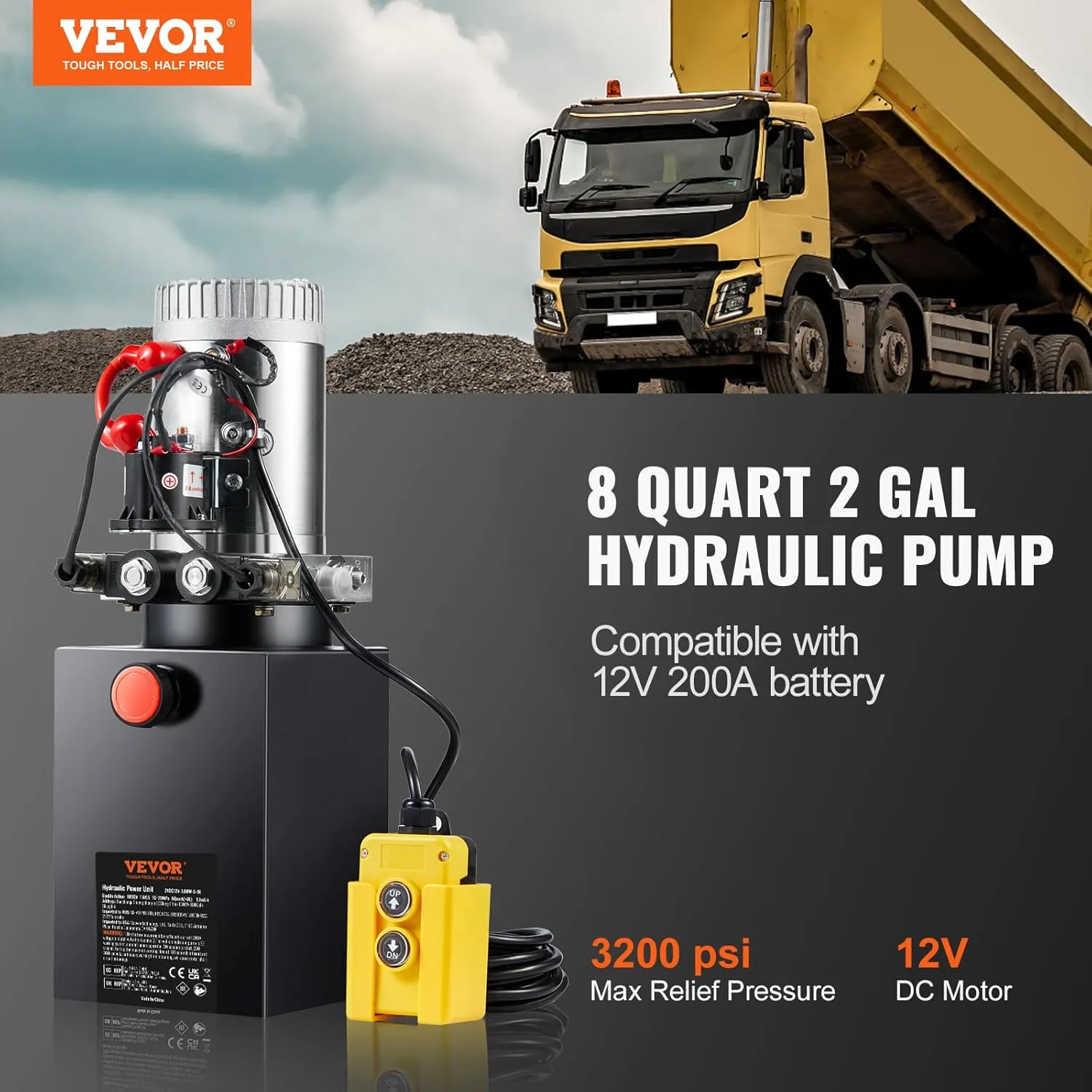 VEVOR 8 Quart Hydraulic Power Unit, Double Acting Dump Trailer Pump, 0.91 GPM Flow Rate, 3200 PSI Max Relief Pressure, DC 12V Hydraulic Pump for Dump Trailer Car Lifting