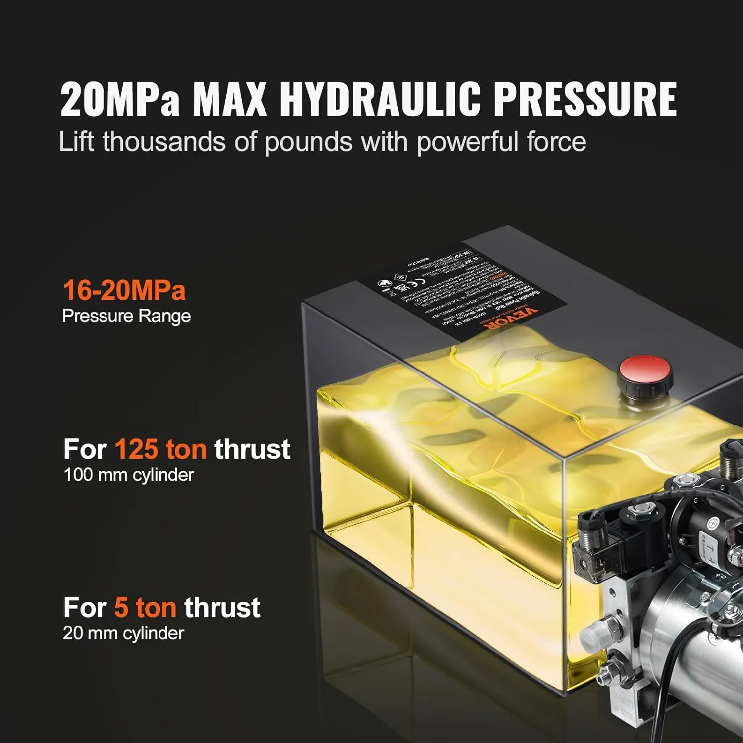 VEVOR 8 Quart Hydraulic Power Unit, Double Acting Dump Trailer Pump, 0.91 GPM Flow Rate, 3200 PSI Max Relief Pressure, DC 12V Hydraulic Pump for Dump Trailer Car Lifting