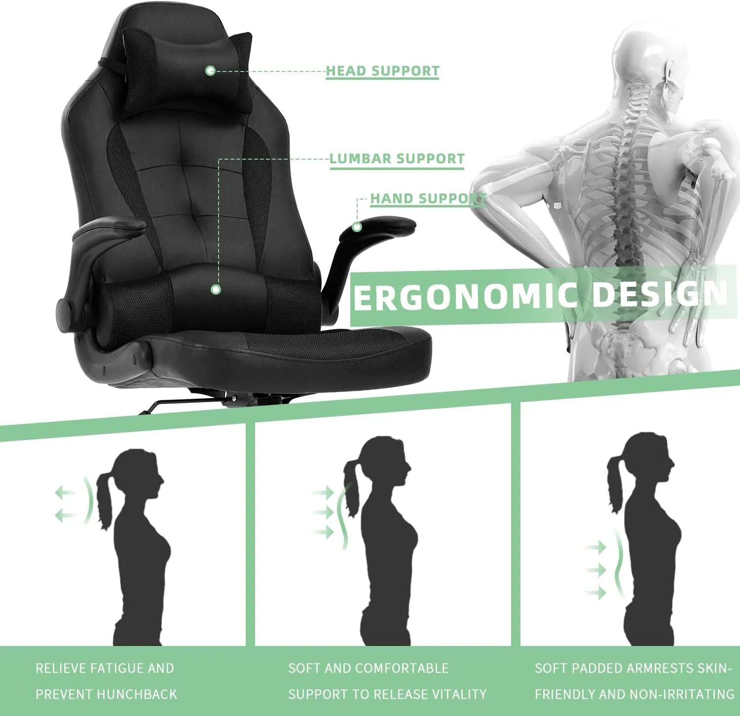 Video Gaming Chair,Ergonomic Computer Office Desk Chair with Comfy Lumbar Support, PU Leather Recliner with Headrest, Fixed Up Armrest, Height Adjustable with 360° Swivel for Adults Gaming,Black