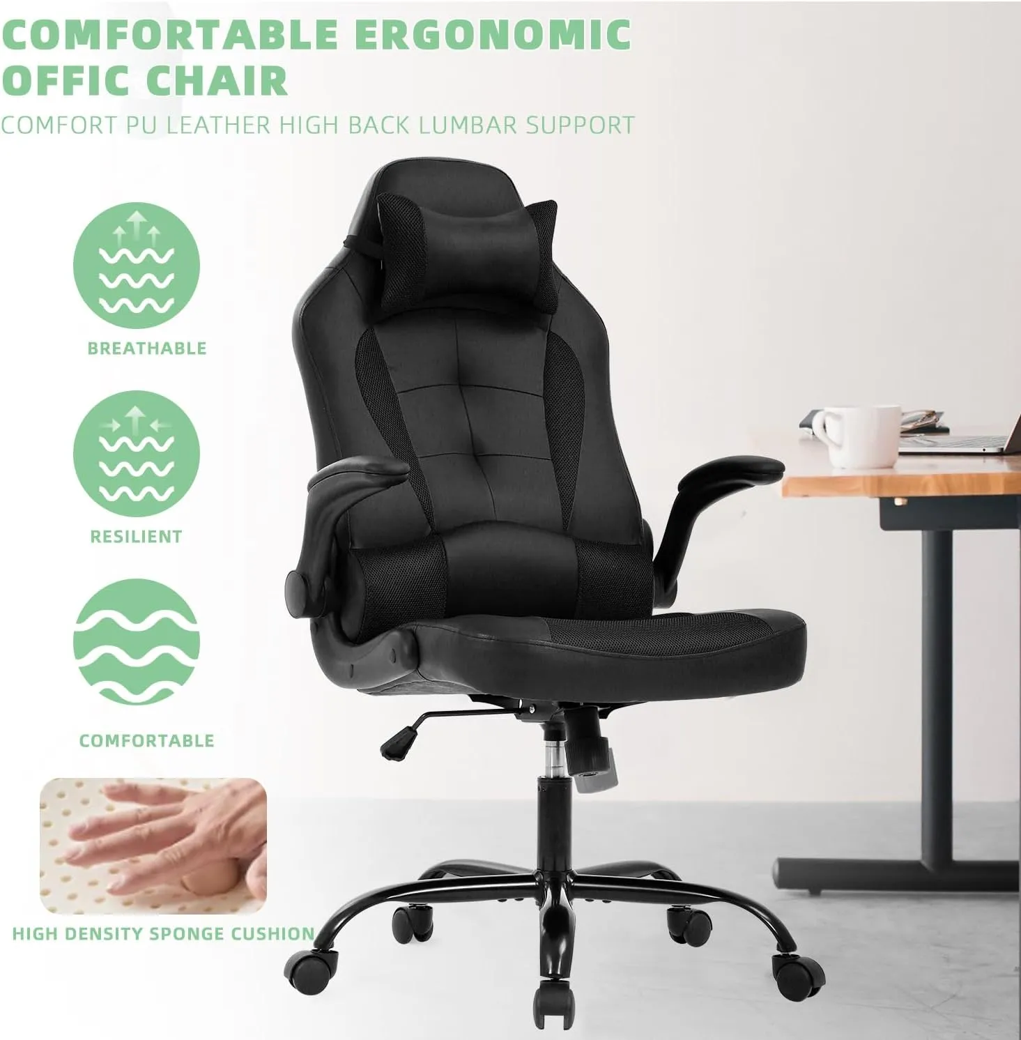 Video Gaming Chair,Ergonomic Computer Office Desk Chair with Comfy Lumbar Support, PU Leather Recliner with Headrest, Fixed Up Armrest, Height Adjustable with 360° Swivel for Adults Gaming,Black