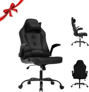 Video Gaming Chair,Ergonomic Computer Office Desk Chair with Comfy Lumbar Support, PU Leather Recliner with Headrest, Fixed Up Armrest, Height Adjustable with 360° Swivel for Adults Gaming,Black