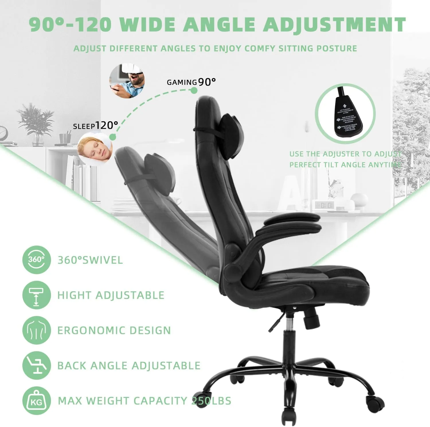 Video Gaming Chair,Ergonomic Computer Office Desk Chair with Comfy Lumbar Support, PU Leather Recliner with Headrest, Fixed Up Armrest, Height Adjustable with 360° Swivel for Adults Gaming,Black
