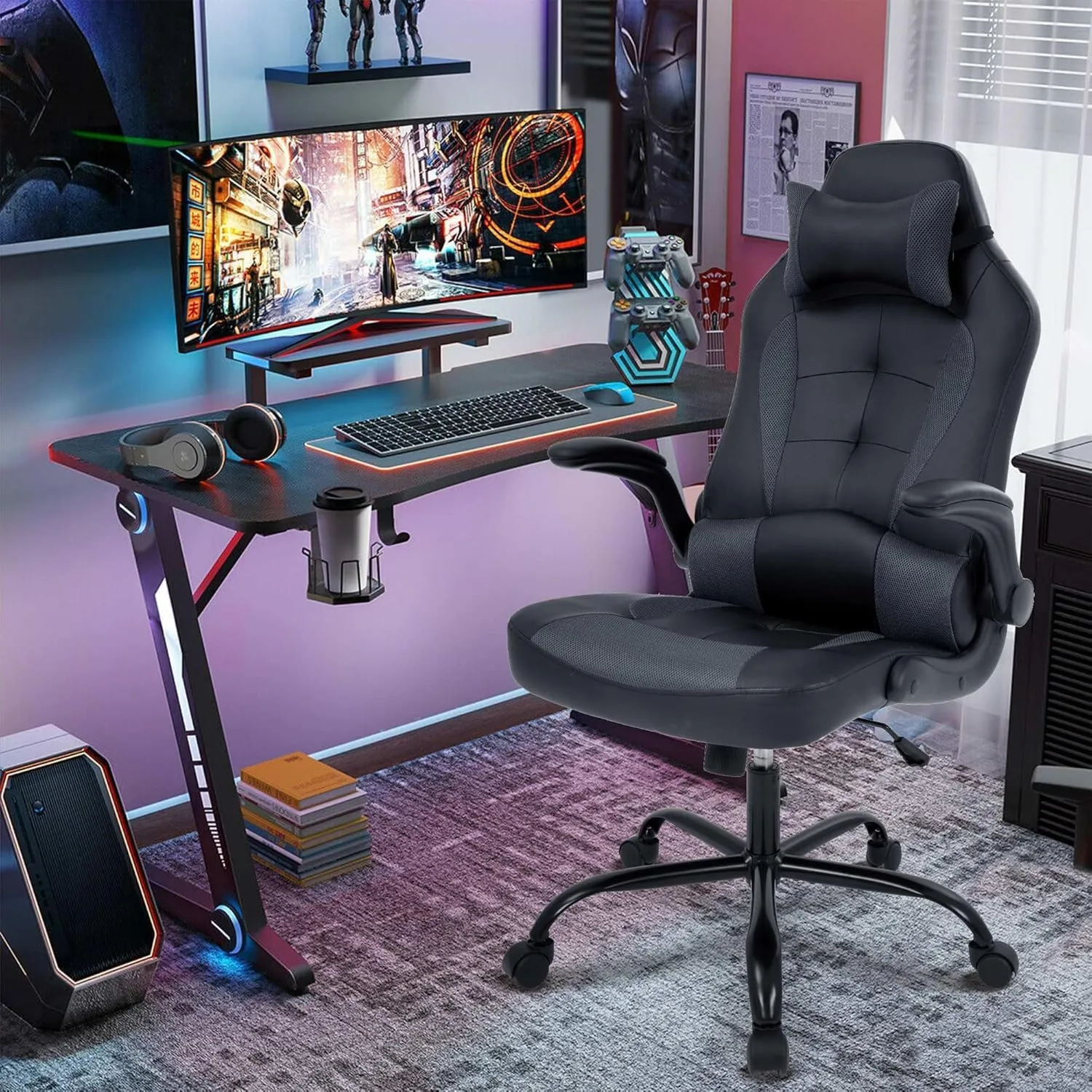 Video Gaming Chair,Ergonomic Computer Office Desk Chair with Comfy Lumbar Support, PU Leather Recliner with Headrest, Fixed Up Armrest, Height Adjustable with 360° Swivel for Adults Gaming,Black