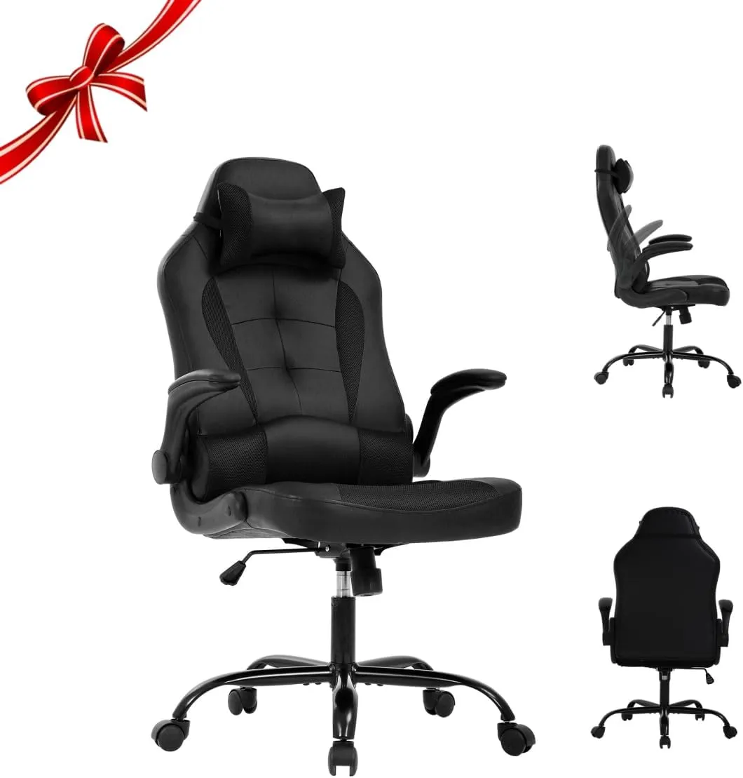 Video Gaming Chair,Ergonomic Computer Office Desk Chair with Comfy Lumbar Support, PU Leather Recliner with Headrest, Fixed Up Armrest, Height Adjustable with 360° Swivel for Adults Gaming,Black