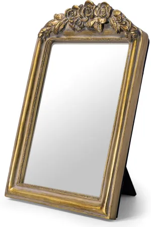 Vintage Vanity Desk Makeup Mirror Small Antique Gold Decorative Wall Mirror Resin Carved Arch Table Mirror with Stand for Living Room,Bedroom Dresser,Desktop Decor 5" x 7" ﻿
