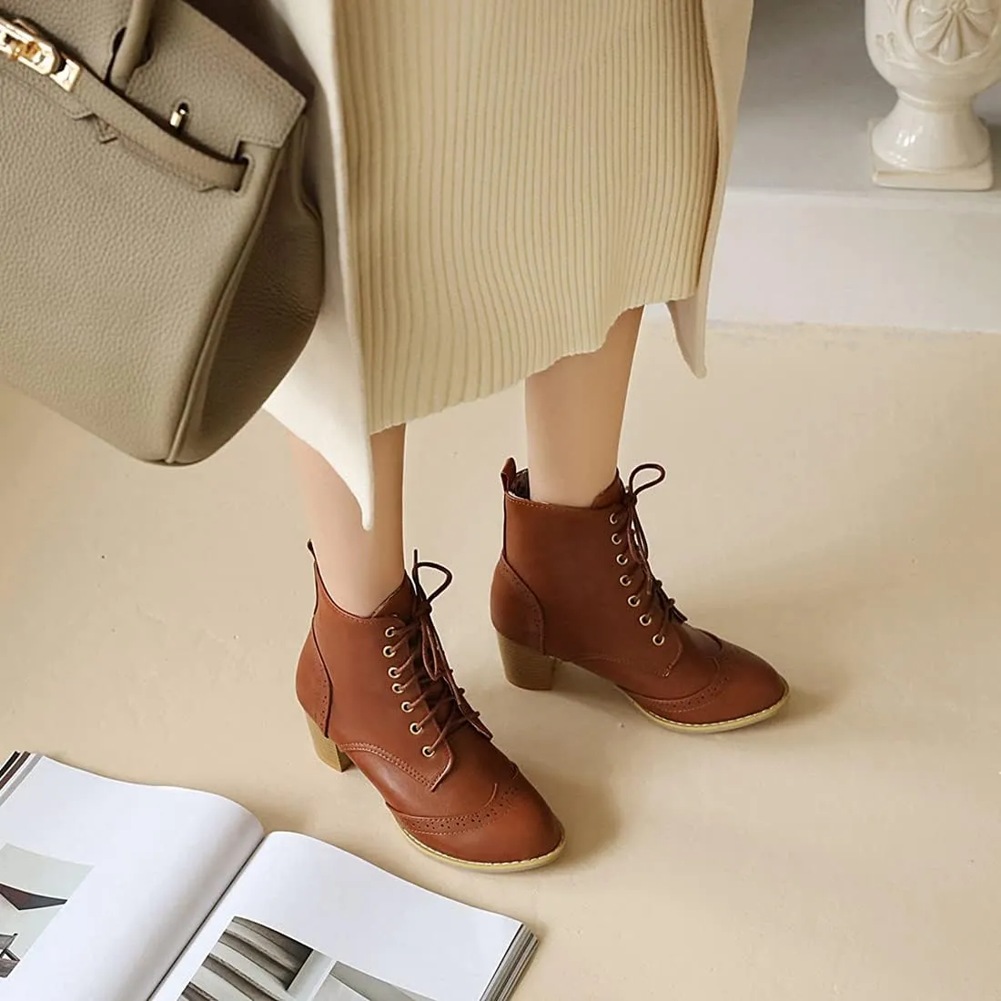 VOKLIN Women's Chunky Block Mid Heel Dressy Ankle Boots Round Toe Lace Up Western Oxford Dress Short Booties