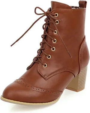 VOKLIN Women's Chunky Block Mid Heel Dressy Ankle Boots Round Toe Lace Up Western Oxford Dress Short Booties