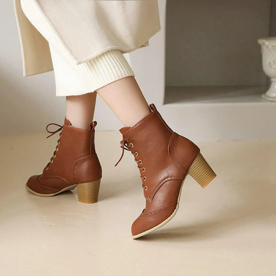 VOKLIN Women's Chunky Block Mid Heel Dressy Ankle Boots Round Toe Lace Up Western Oxford Dress Short Booties