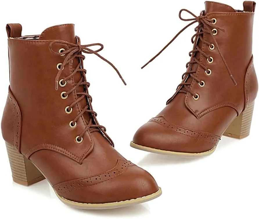 VOKLIN Women's Chunky Block Mid Heel Dressy Ankle Boots Round Toe Lace Up Western Oxford Dress Short Booties