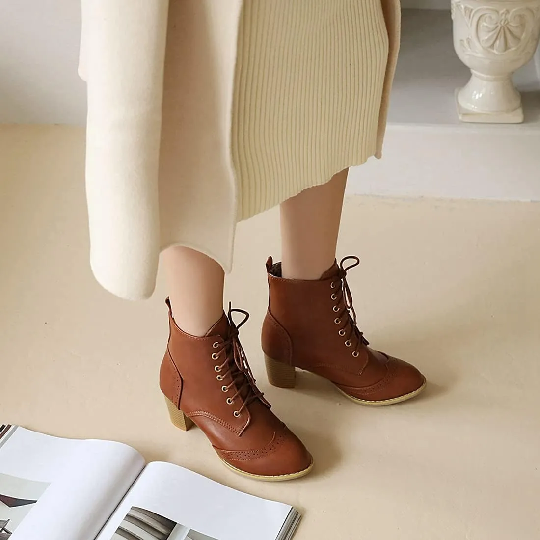 VOKLIN Women's Chunky Block Mid Heel Dressy Ankle Boots Round Toe Lace Up Western Oxford Dress Short Booties