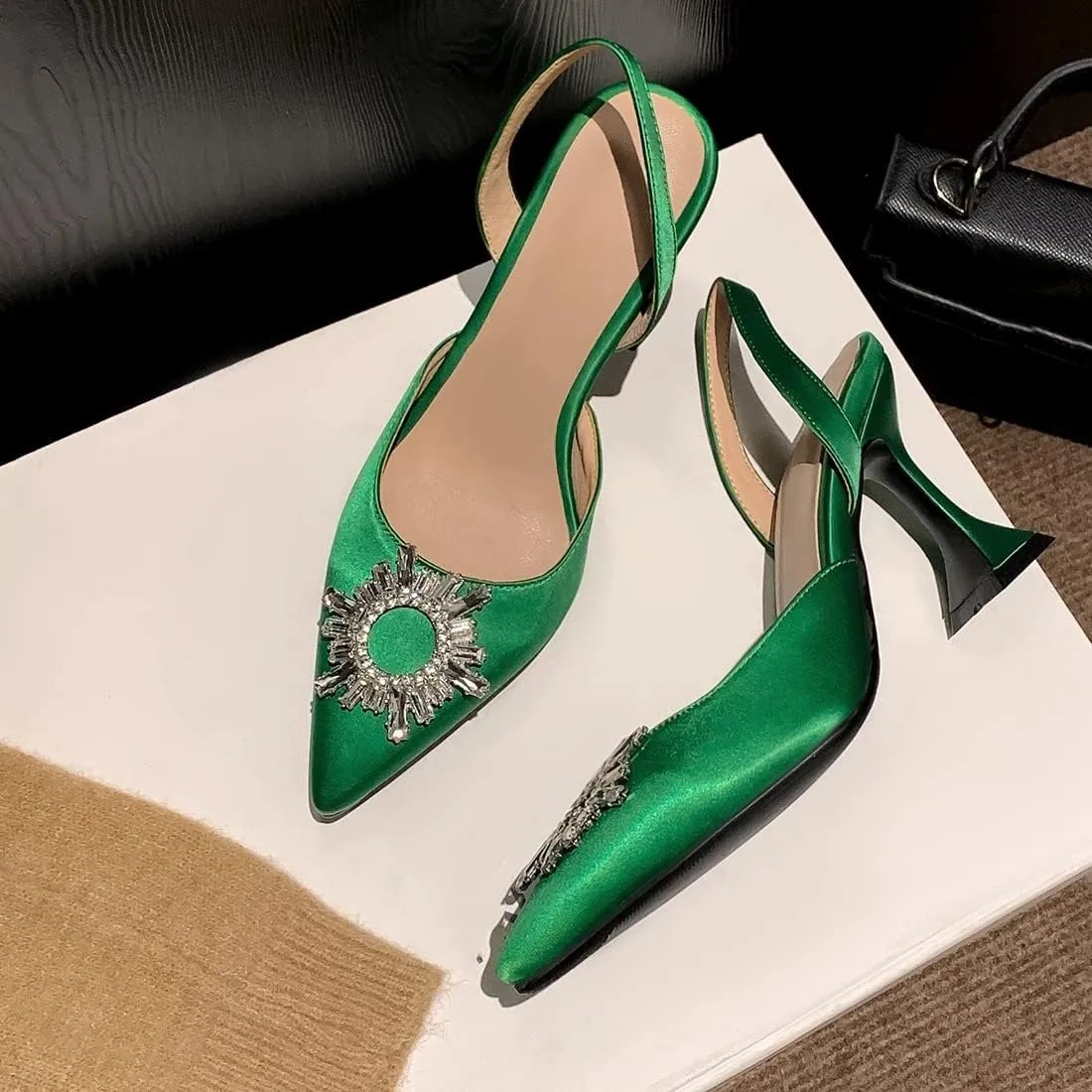 VOKLIN Women's Fashion Rhinestone Slingback Dress Pumps Pointed Toe Kitten Heels Wedding Party Sandals Shoes