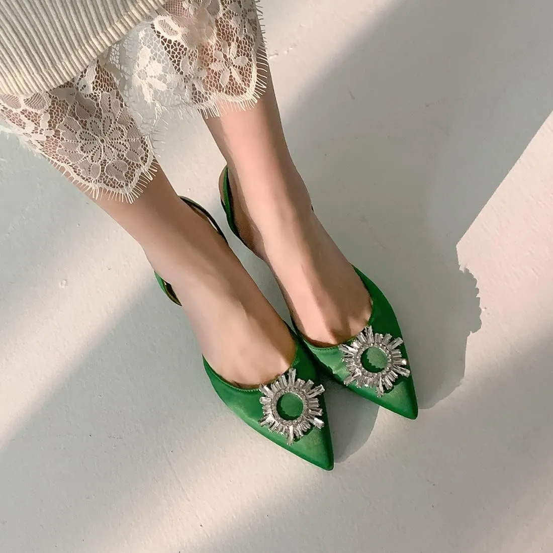 VOKLIN Women's Fashion Rhinestone Slingback Dress Pumps Pointed Toe Kitten Heels Wedding Party Sandals Shoes
